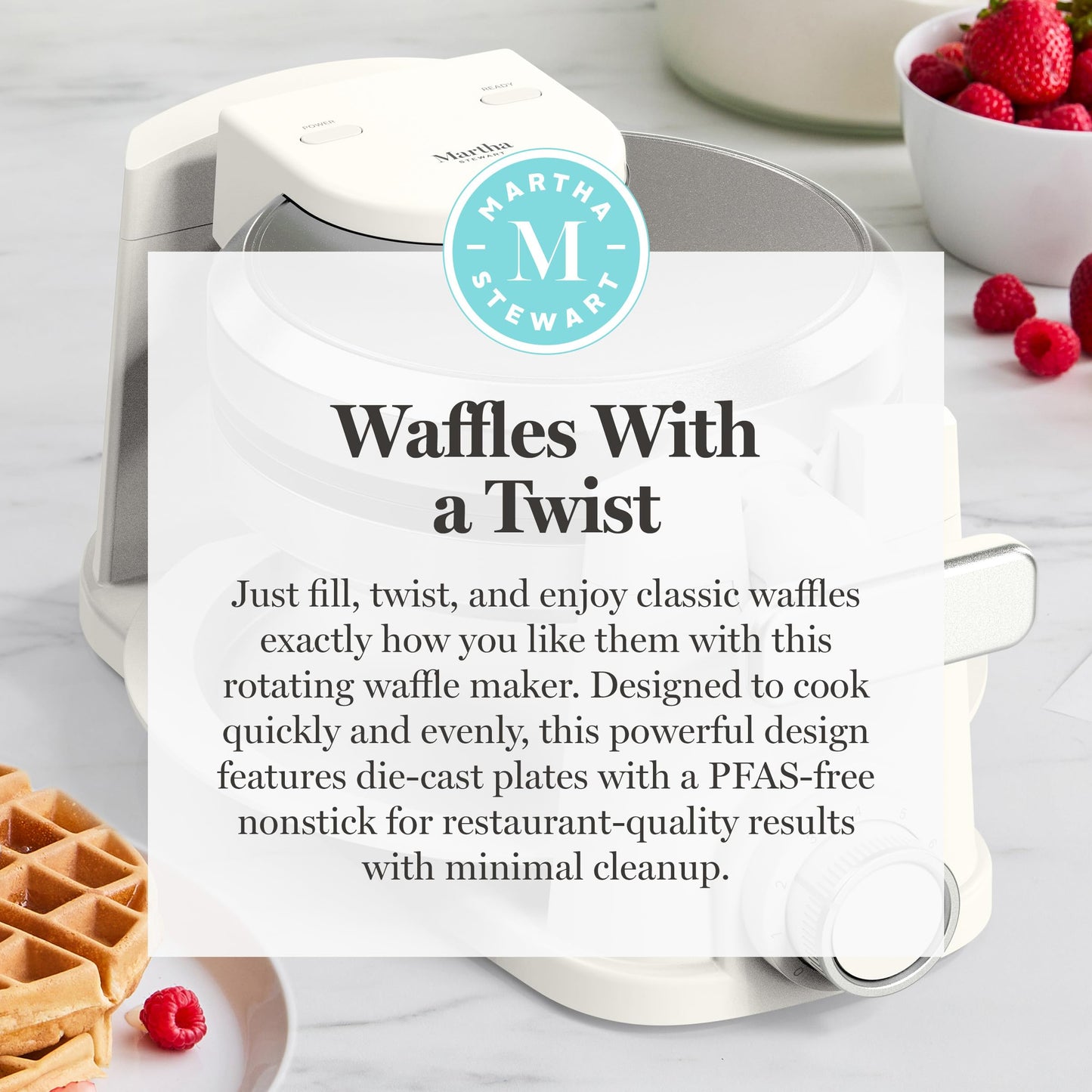 Martha Stewart Rotating Waffle Maker, 180° Flip Iron with PFAS-Free Nonstick Plates, Adjustable Timer, Ready Light, Drip Tray, Space Saving, Classic Round 7”, Easy to Clean, Stainless Steel, Sky Blue