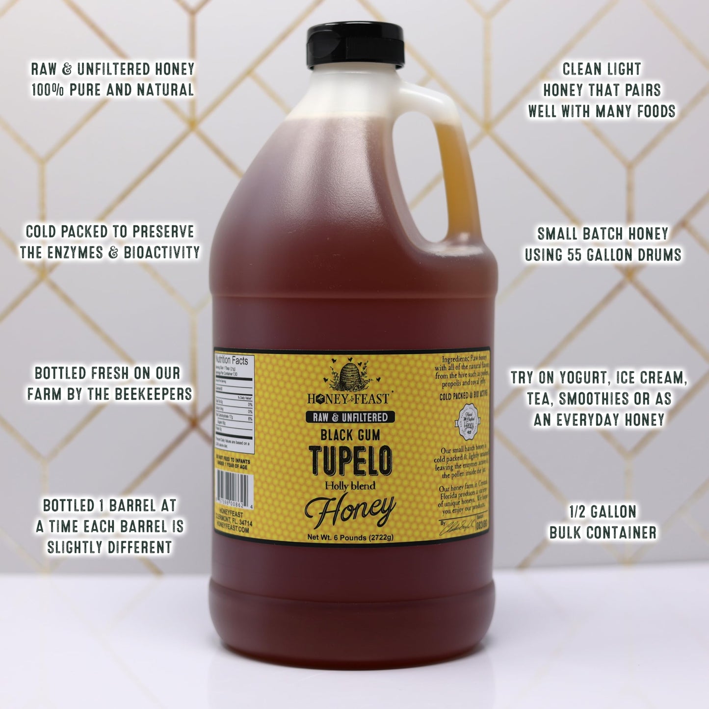HONEY FEAST Wildflower Honey - 6 Pounds (1/2 Gallon) Bulk Honey, All Natural, Unfiltered, Unheated Honey, Perfect for Sweetening & Baking