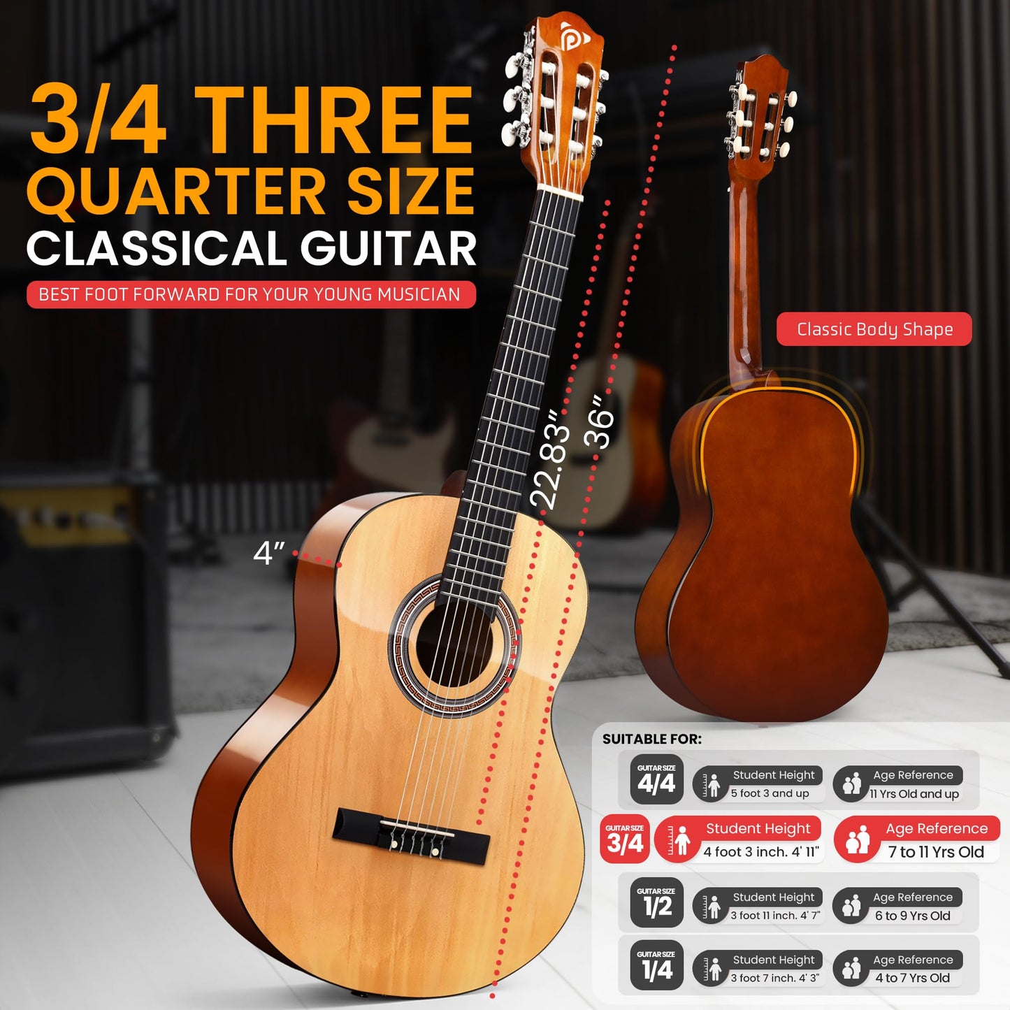 Pyle 6-String Classic Guitar-3/4 Size Scale Guitar with Digital Tuner & Accessory Kit (36’’ -inch), Right, 2 Ash, Gloss, (PGACLS82.X9)
