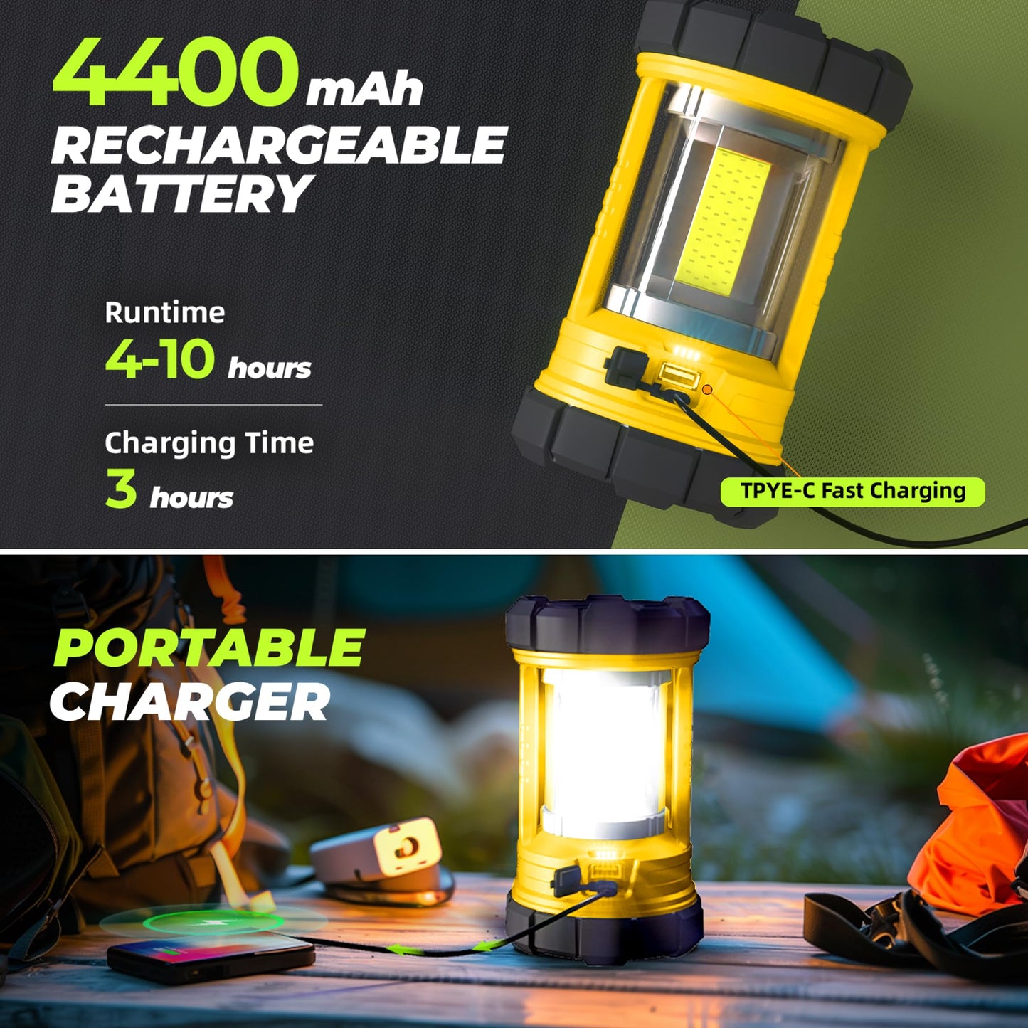Rechargeable Camping Lantern, 3000LM 5 Light Modes Camping Light 4400 Capacity Phone Charger LED Impact-Resistant Flashlight Lantern Portable Waterproof Hurricane Lanterns for Emergency(Pale Green)