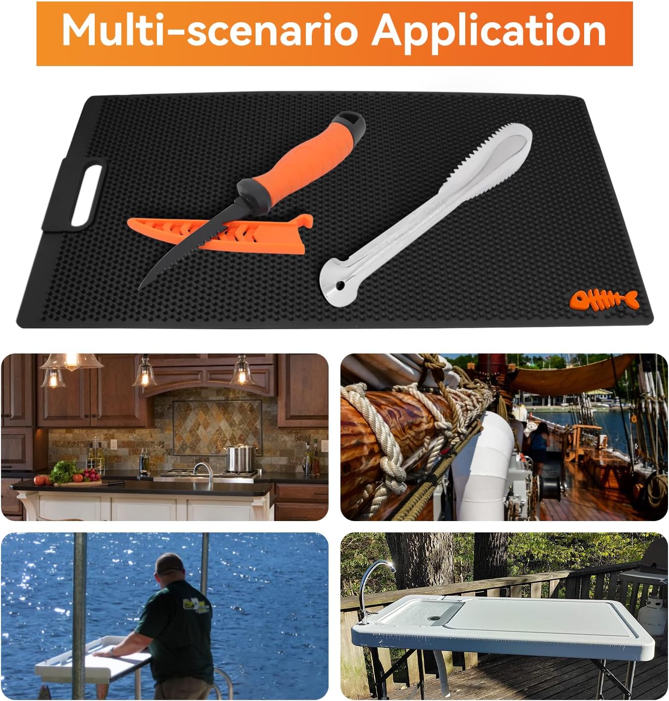28 Inch Non Slip Fish Fillet Mat Kit Heavy Duty Rollable Fish Bait Cutting Board Large Size Fish Cleaning Mat with 5 inch Fillet Knife and Fish Scaler Portable Fish Filleting Mat