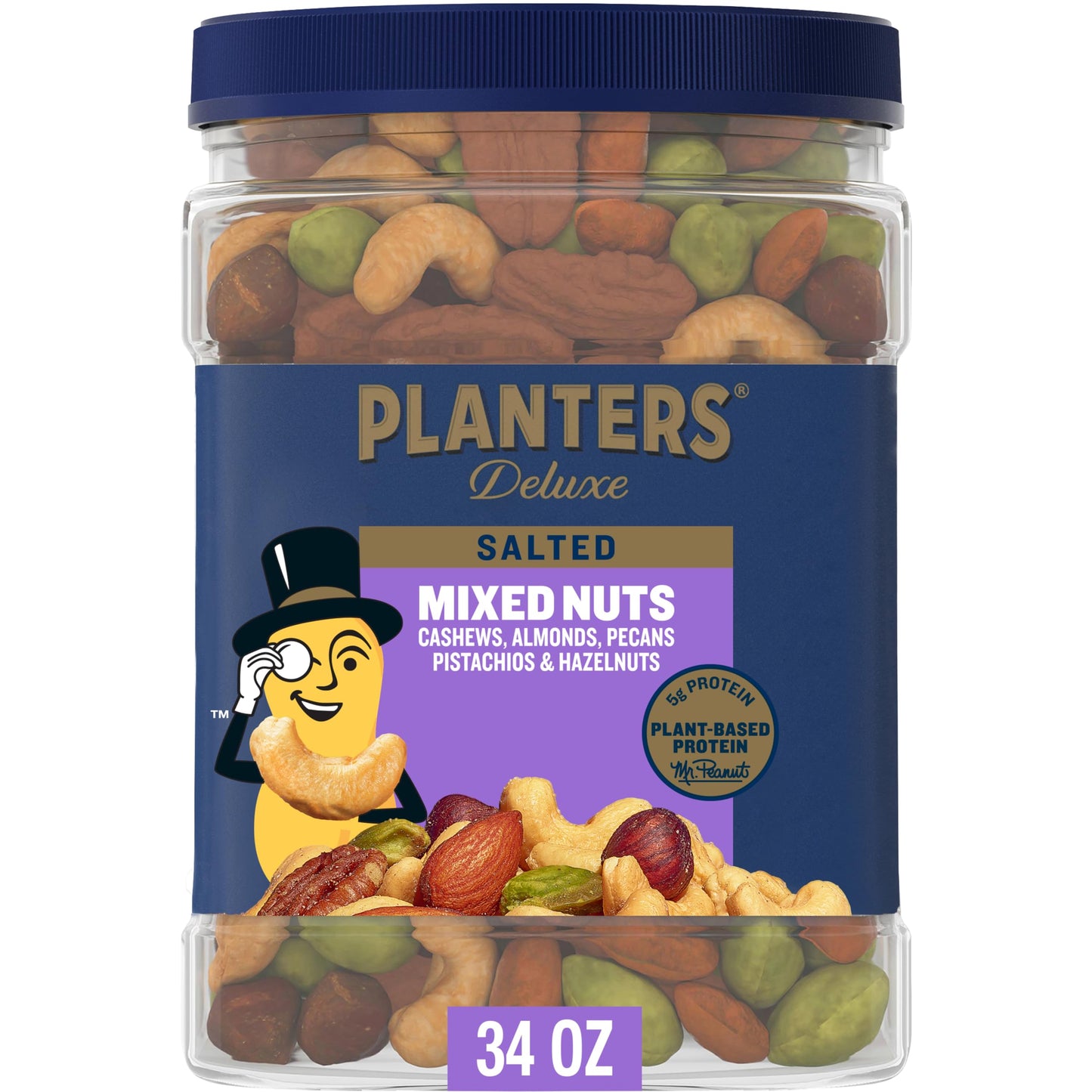 PLANTERS Deluxe Mixed Nuts, Cashews, Almonds, Pecans, Pistachios, Hazelnuts, Roasted with Sea Salt, Party Snacks, Plant-Based Protein Nut Mix, Snacks for Adults, After School Snack Mix, 27oz