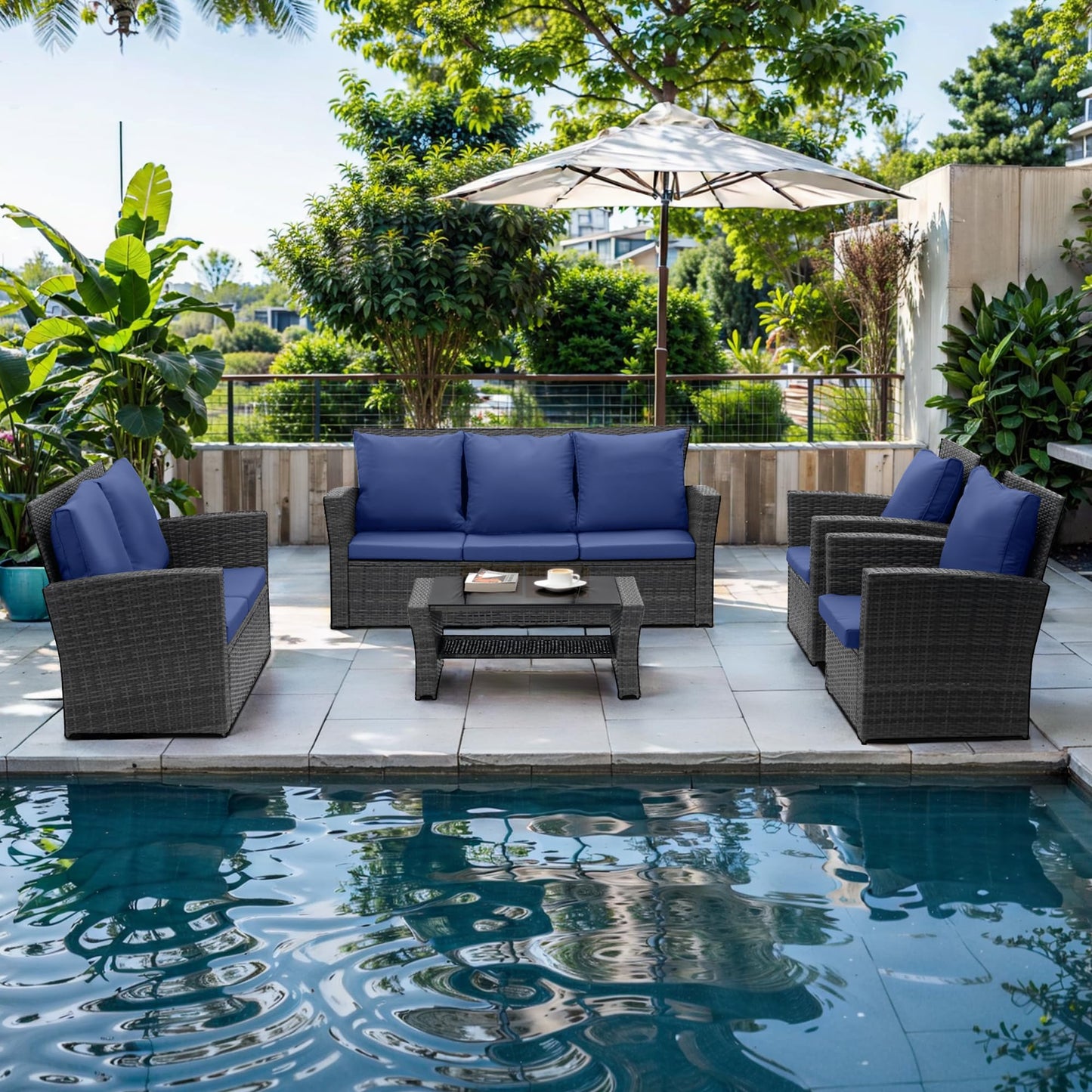 Wisteria Lane 4 Piece Outdoor Patio Furniture Sets, Wicker Conversation Set for Porch Deck, Brown Rattan Sofa Chair with Cushion