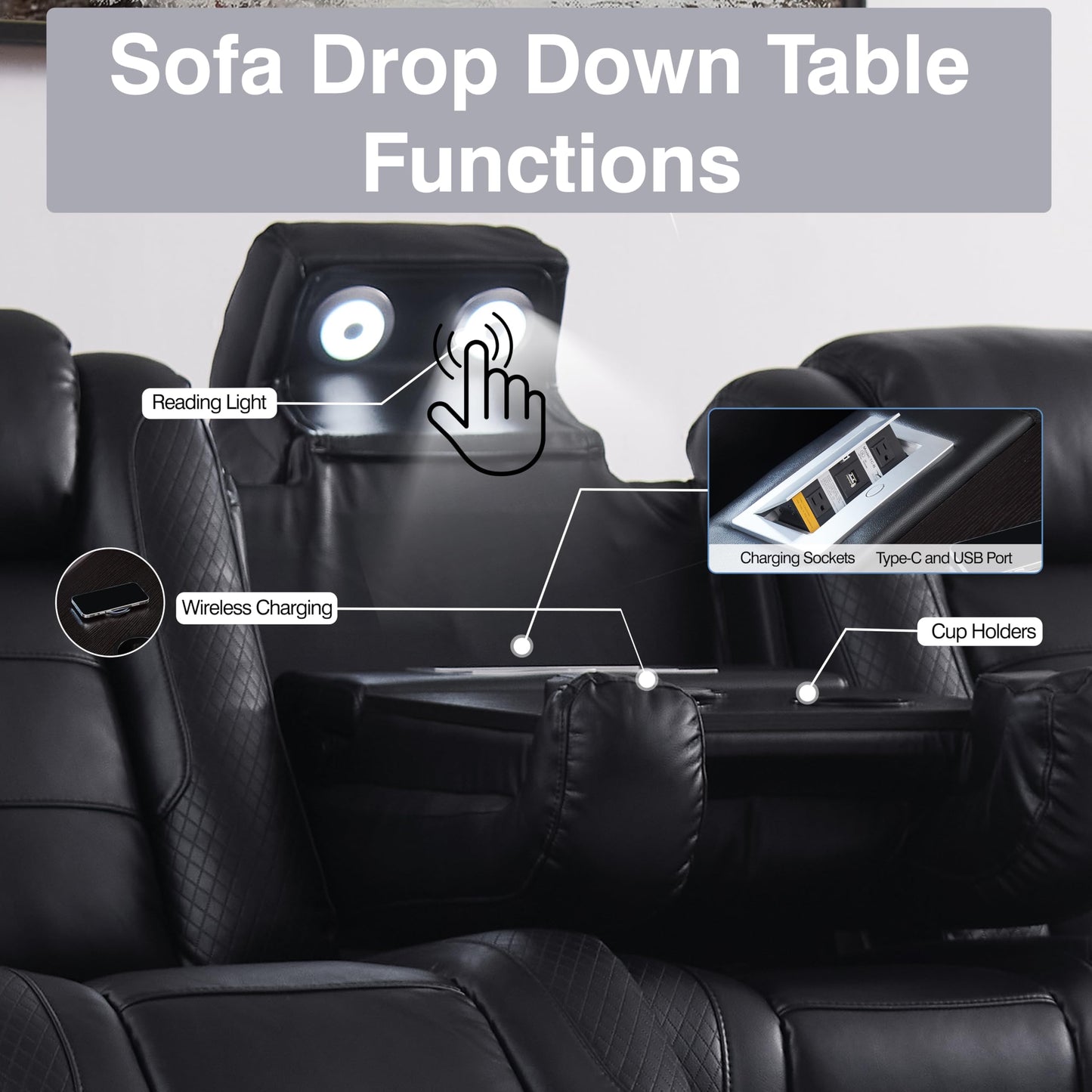 THSUPER Power Black Leather Recliner Sofa for Living Room Furniture Sets with Arm Storage and Power Headrest, Leather Living Room Reclining Couch Set with Wireless Charge and Bluetooth Speaker.