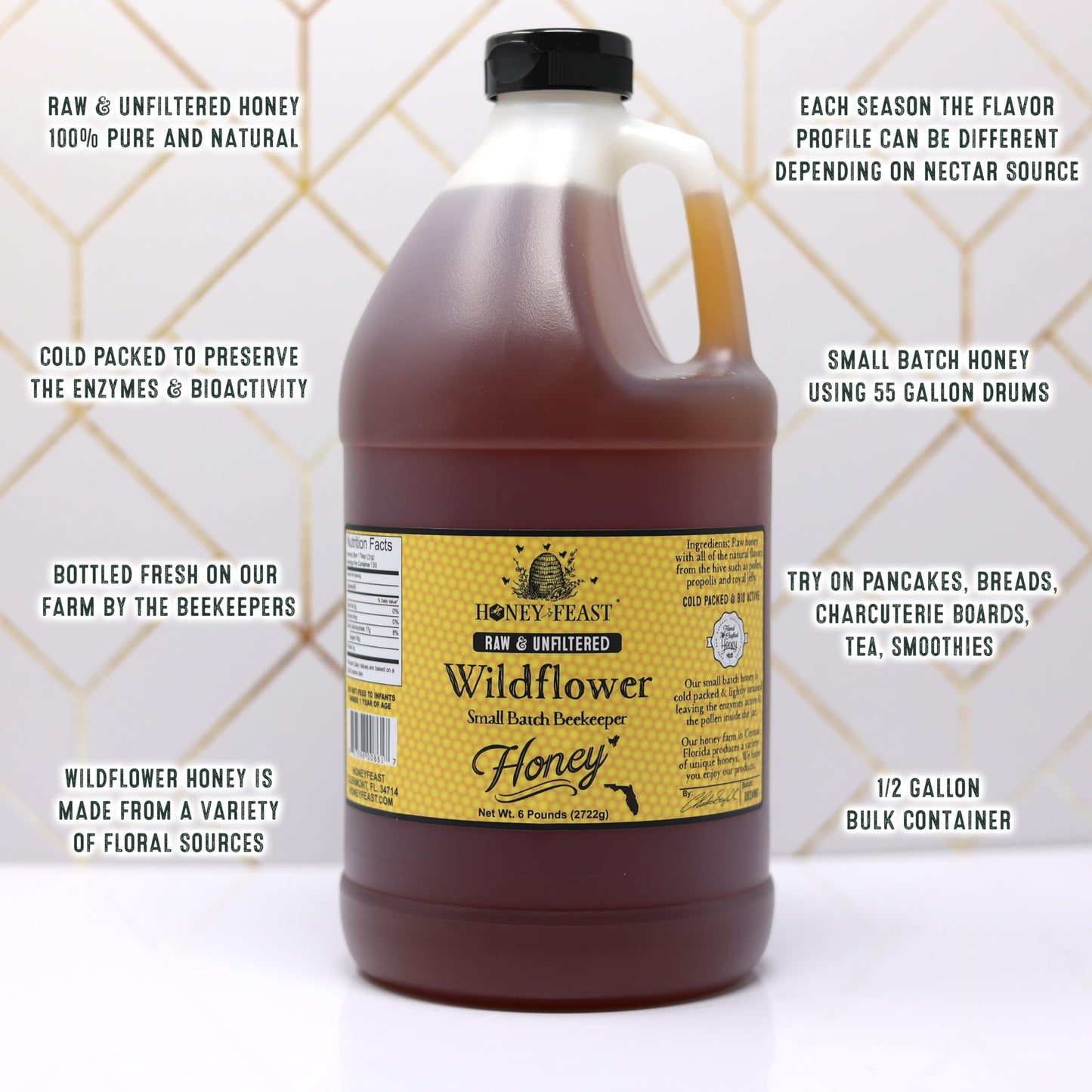 HONEY FEAST Wildflower Honey - 6 Pounds (1/2 Gallon) Bulk Honey, All Natural, Unfiltered, Unheated Honey, Perfect for Sweetening & Baking