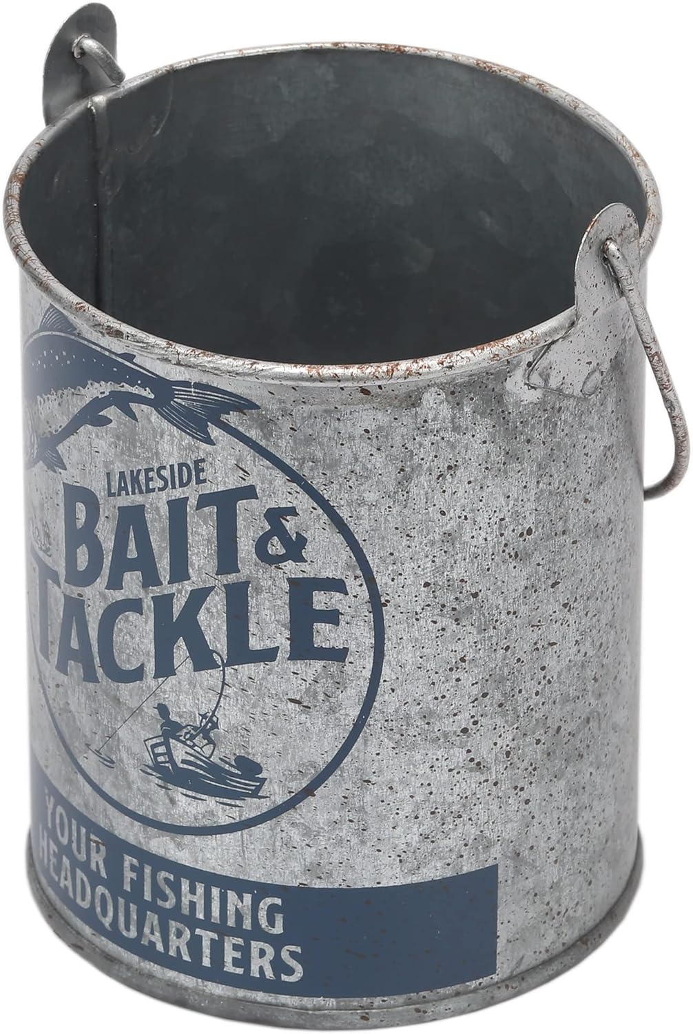 Open Road Brands Lakeside Bait and Tackle Metal Bucket - Decorative Fishing Pail for Pencils, TV Remotes or Tools