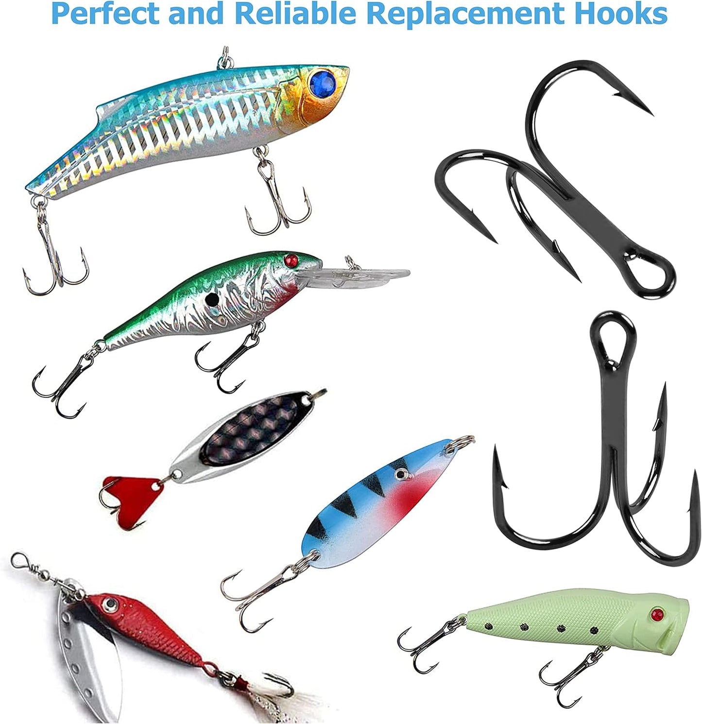 Fishing Treble Hooks Kit High Carbon Steel Hooks Strong Sharp Round Bend for Lures Baits Saltwater Fishing 110pcs/box Mixed 6 Size 4 6 8 10 12 14
