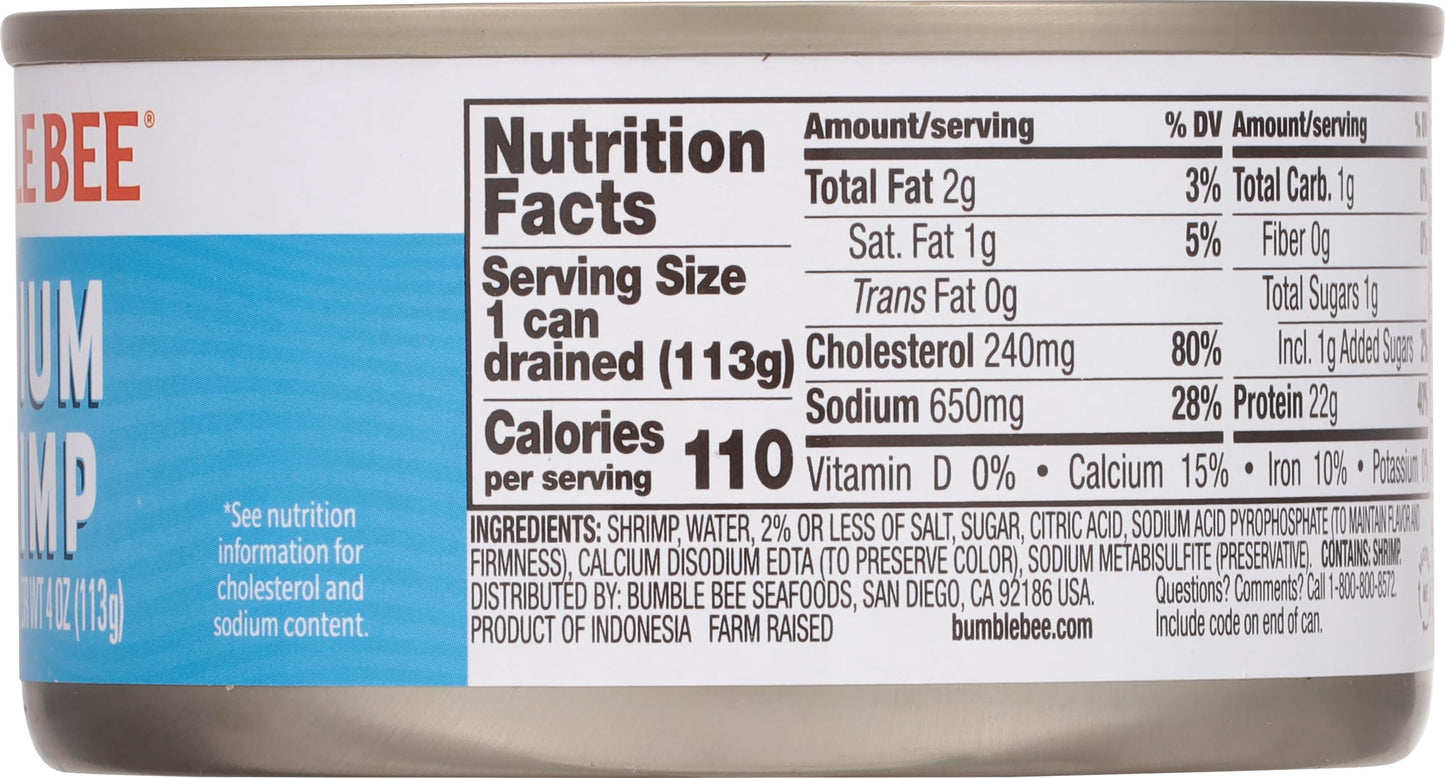 Bumble Bee Tiny Canned Shrimp, 6 oz Can - Shrimp in Water, Cooked, Peeled, Deveined - 22g Protein per Serving - Gluten Free