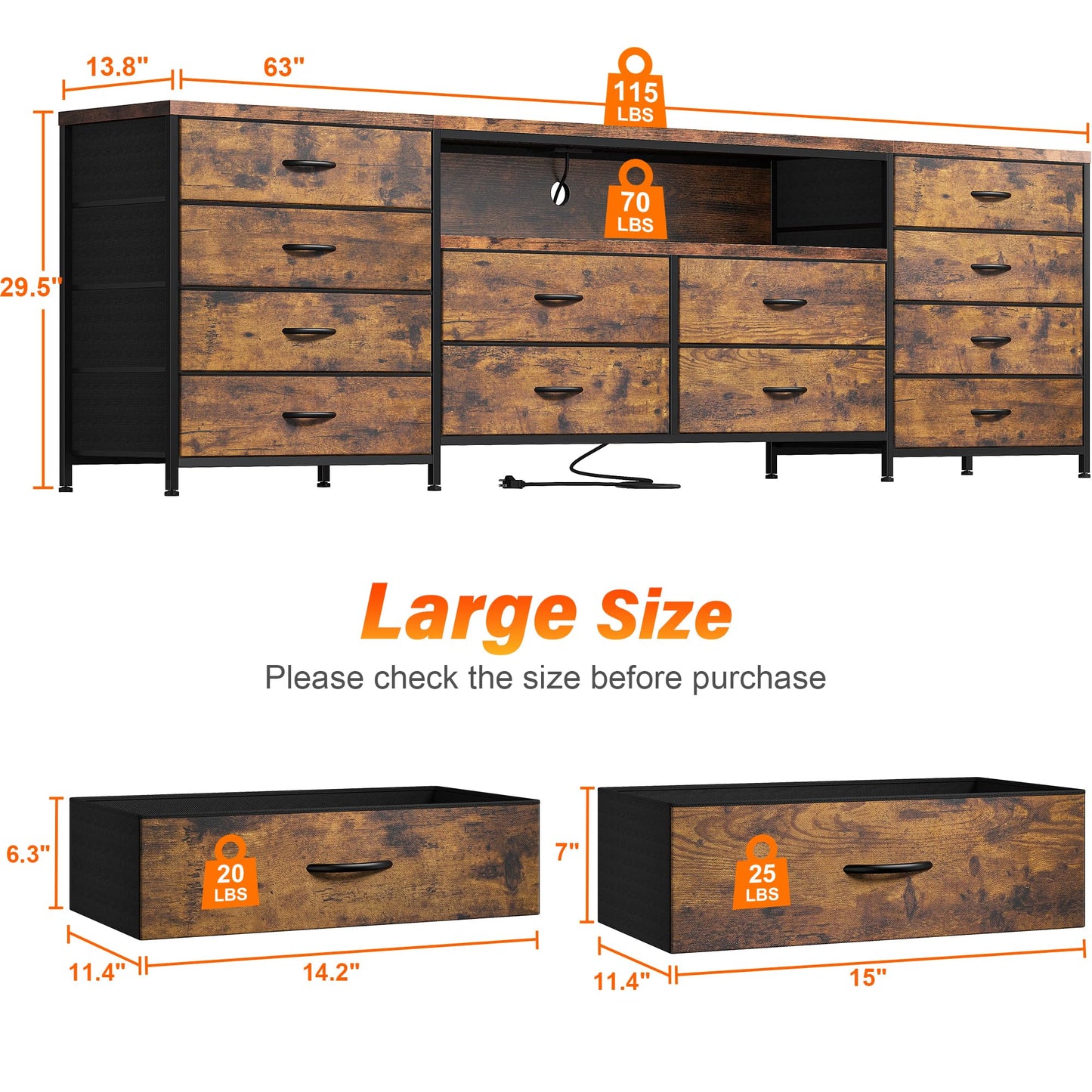 EnHomee 63" W TV Stand Fits 65/70 Inch TV, 12 Drawers Dresser with LED Lights & Power Outlets, Entertainment Center Long Fabric Dresser for Bedroom, Living Room, Hallway, Rustic Brown