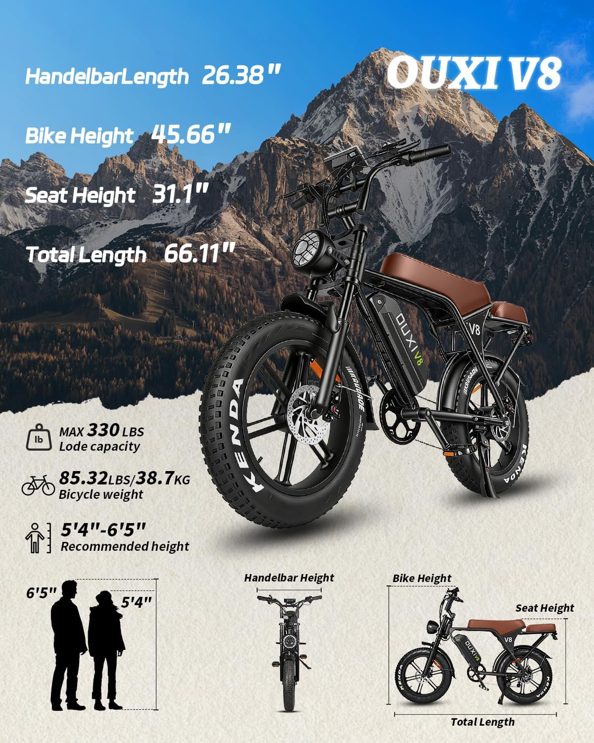 OUXI V8 Series Electric Bike for Adults, Ebike Peak 500W/1000W, 20/31 MPH, 10.4/15/30 AH Removable Battery, 16''/20" Fat Tire Electric Bike, 7-Speed Gear Electric Bicycles, Dual Disc Brakes