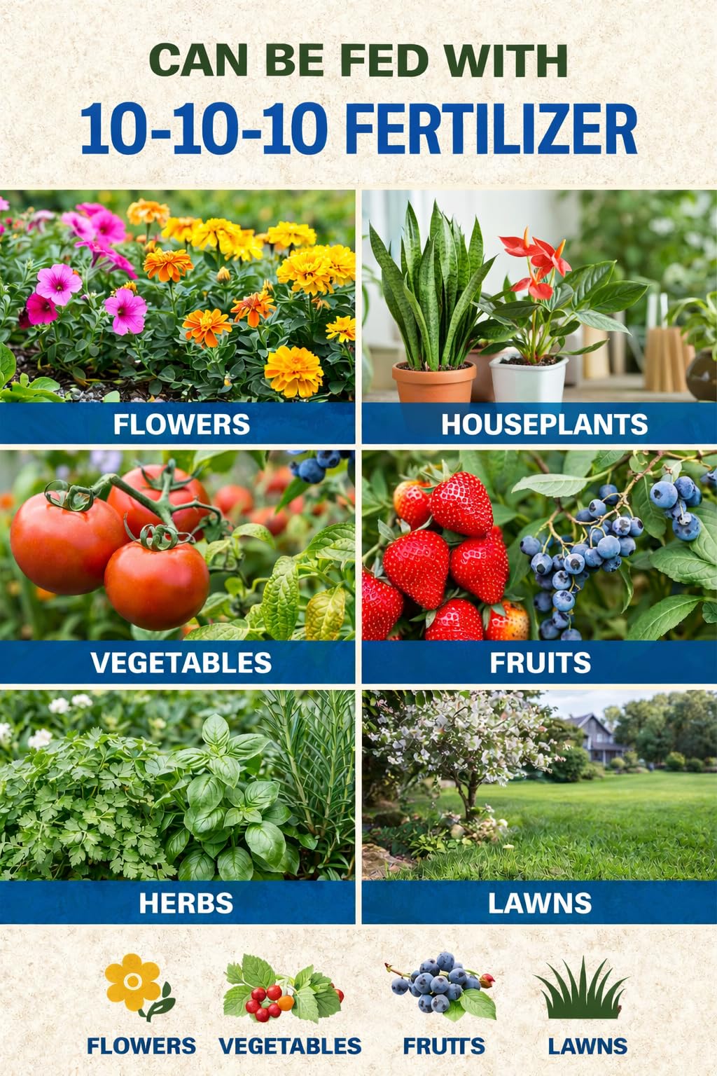 10-10-10 General All Purpose Fertilizer for Flowers and Vegetable Beds - Raised Garden Beds - Safe for Fruits, Lawns, Grass - Promotes Soil Heath and Growth - 50 Pound Bag