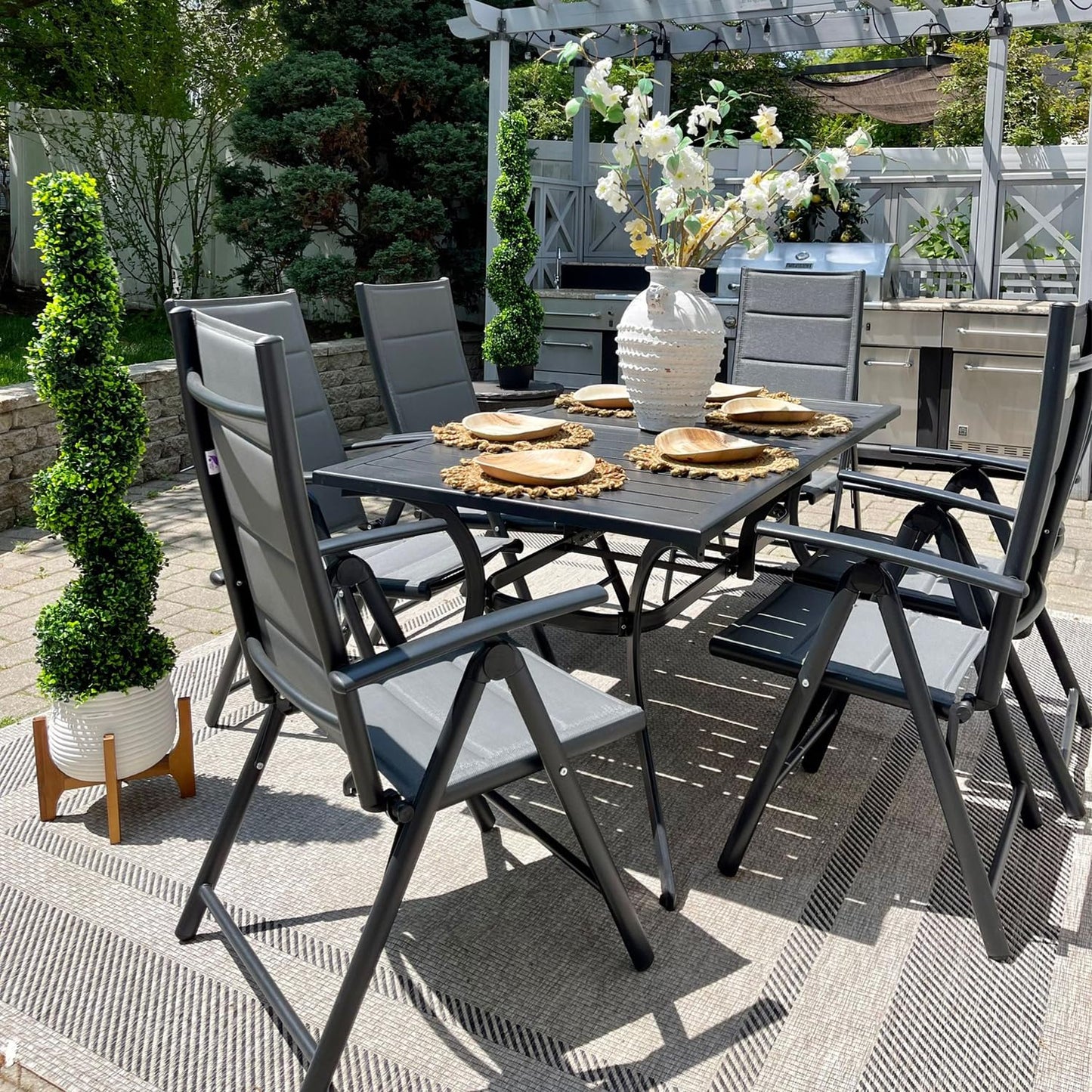 PURPLE LEAF 9 Pieces Outdoor Patio Dining Set with 8 Folding Portable Chairs and 1 Rectangle Aluminum Table, Foldable Adjustable High Back Reclining Chairs with Soft Cotton-Padded Seat, Grey