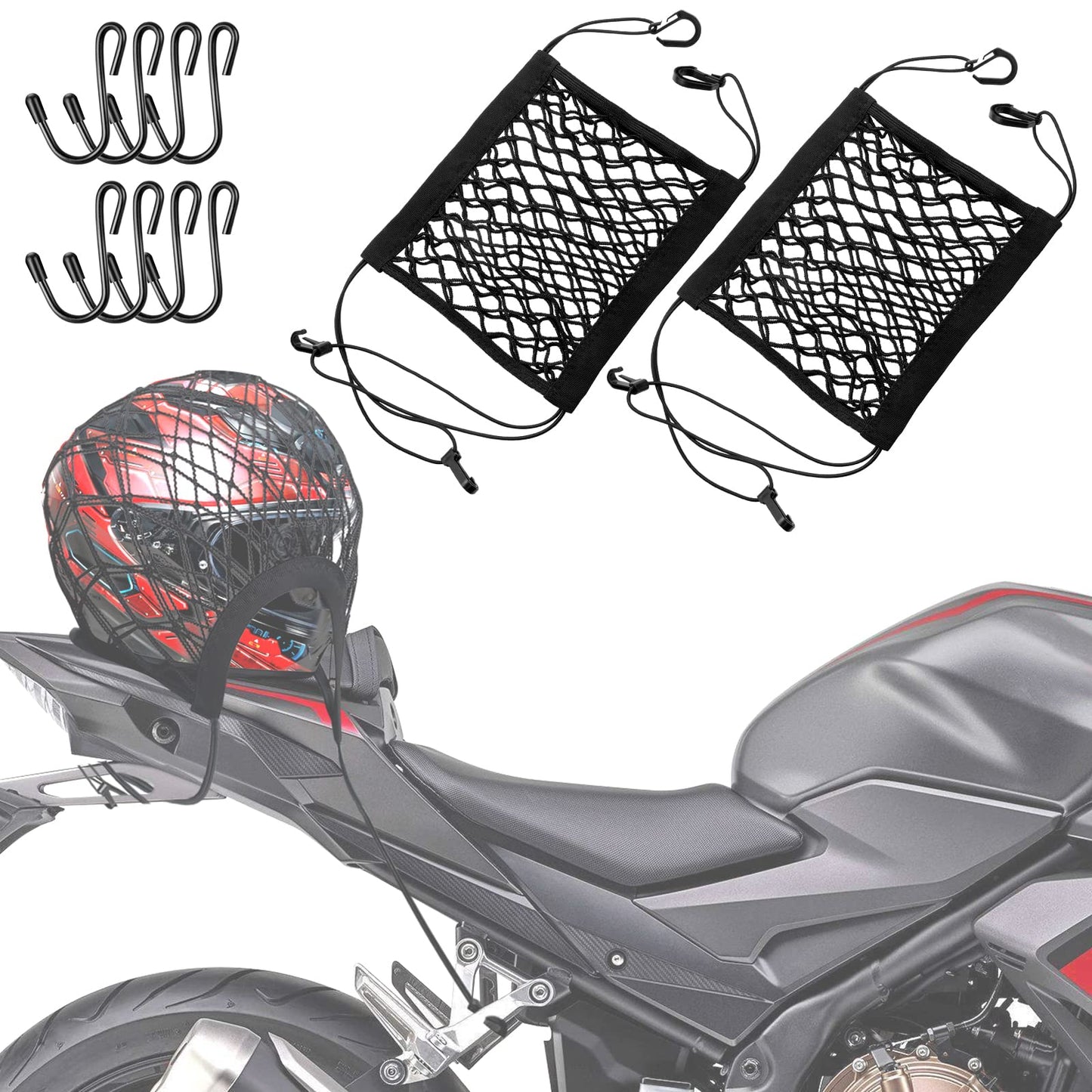 Upgrade Cargo Net for Motorcycle Helmet Storage, 10"X11" High-Elastic Double Layer Bungee Net with 4 Strong Hooks, Luggage Strap Rack Expansion Organizer Net Pocket for Motorbike Trike Cycle