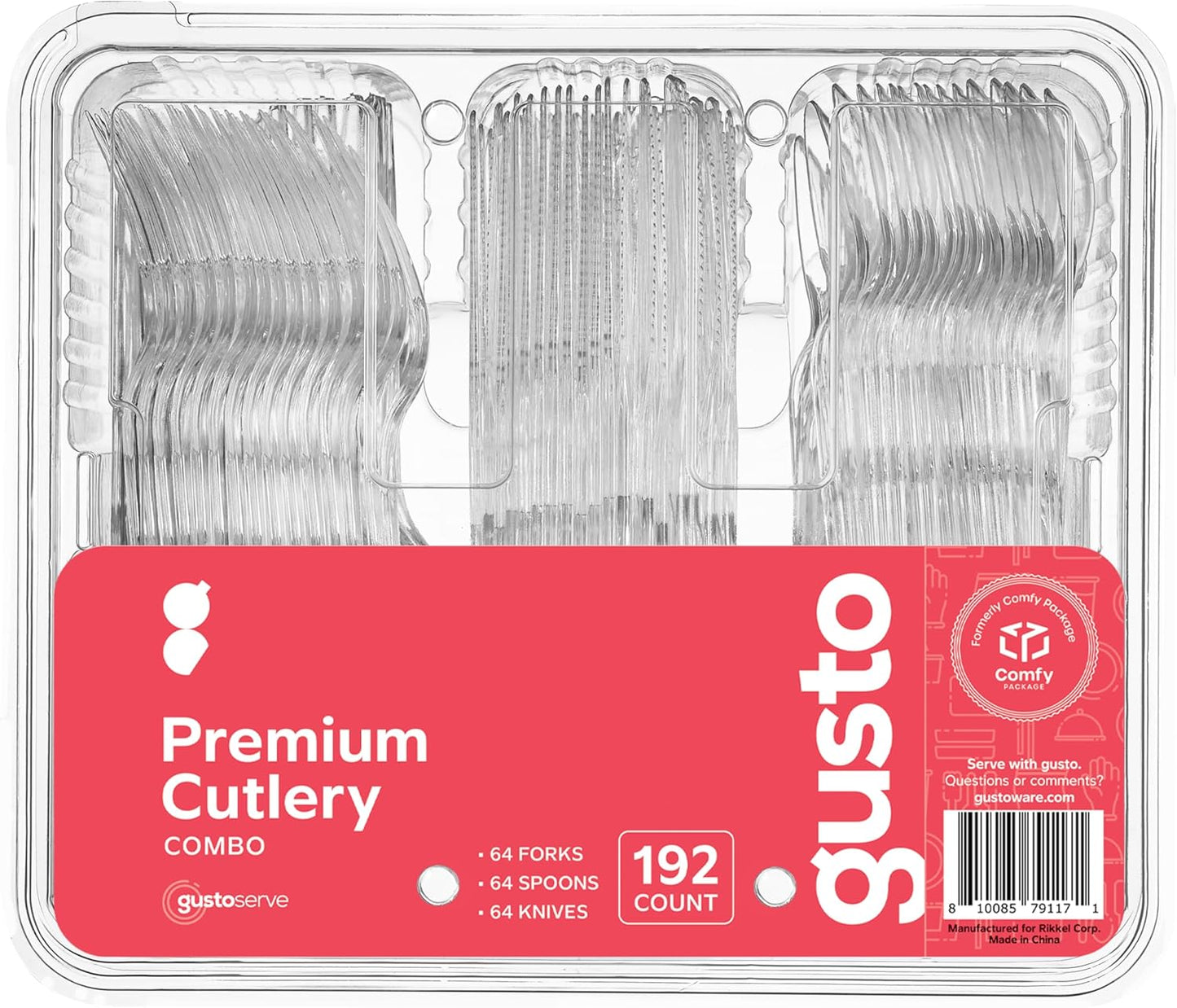 GUSTO [192 Combo Pack] Premium Heavyweight Disposable Clear Plastic Silverware - 64 Forks, 64 Spoons, 64 Knives, plastic utensils, Cutlery Set for Parties, Events, and Catering