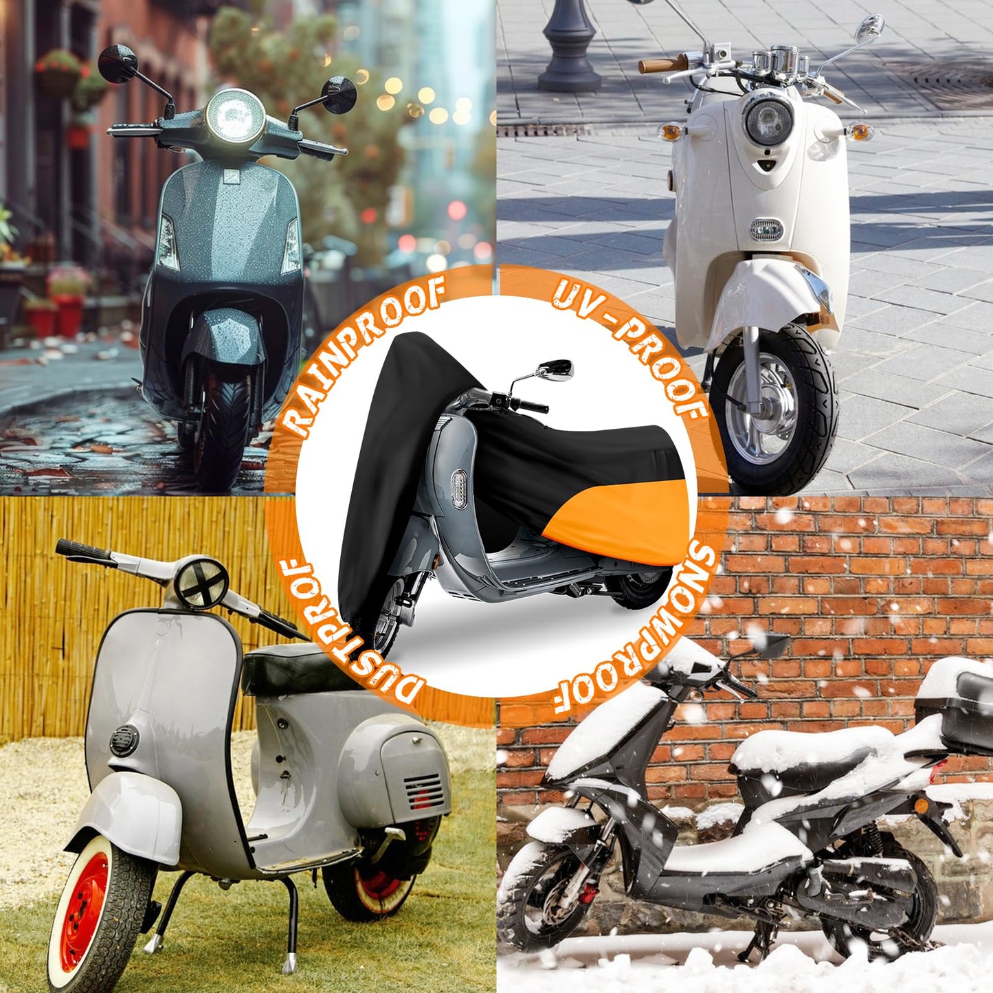 Scooter Cover, Waterproof Moped Cover, Vespa Cover, Outdoor Windproof and UV, for 72" Long Yamaha Honda Ruckus Motorbike Cover (Black)