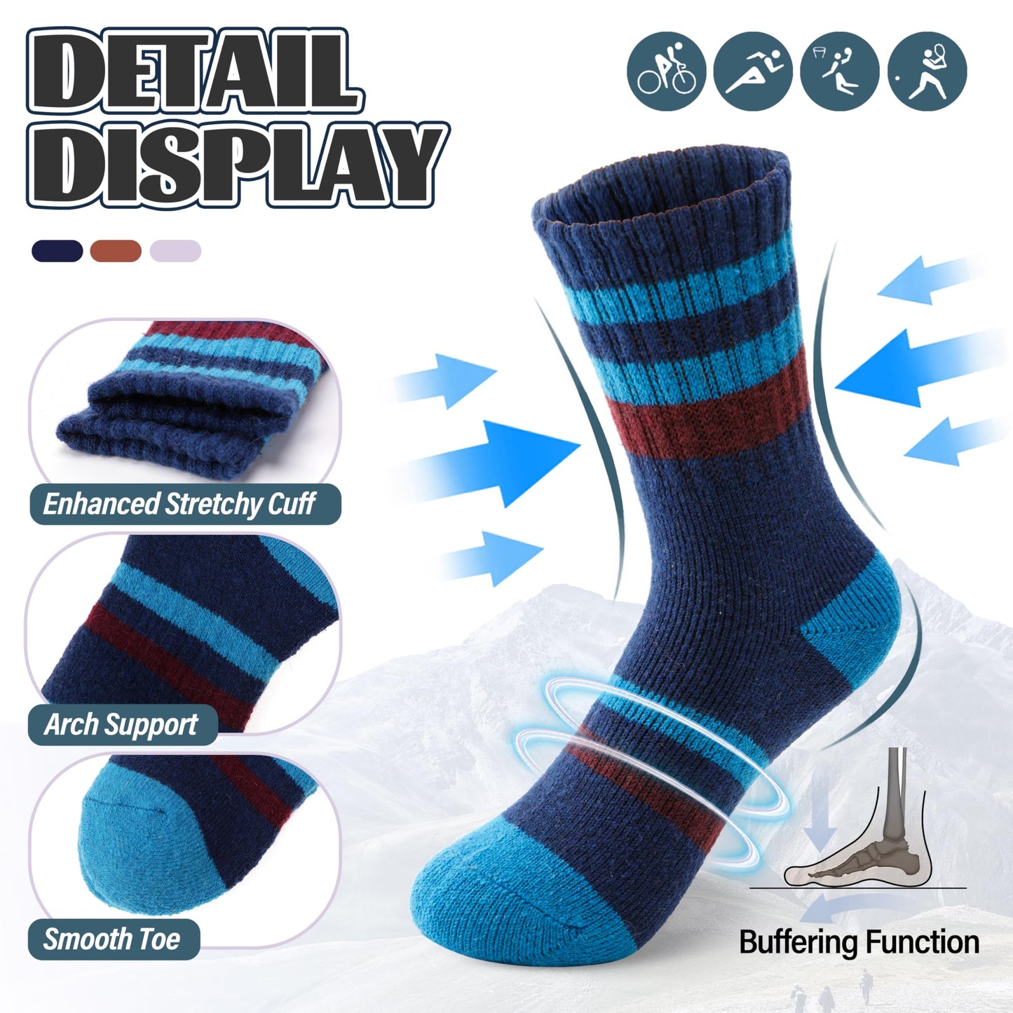 Anlisim Kids Merino Wool Hiking Socks Boys Girls Toddlers Thermal Winter Warm Boot Thick Cushion Gift Socks 6 Pairs