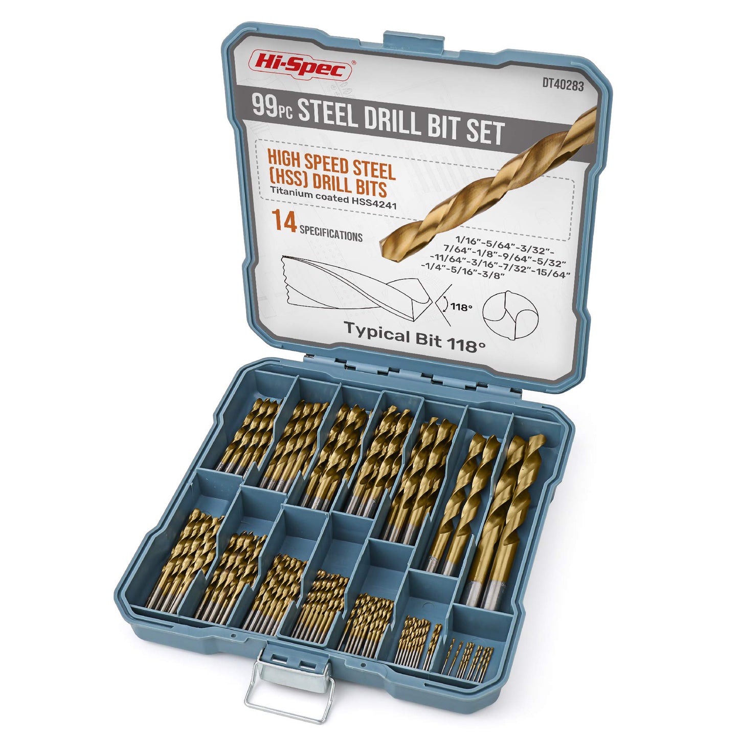 Hi-Spec Drill Bit Set 130pc Multi SAE – 11 Sizes 1/16in to 3/8in – HSS Titanium, Masonry & Brad Point Steel Bits – Drill Bits for Metal, Wood, Plastic, Drywall, Brick & Concrete – with Tray Case