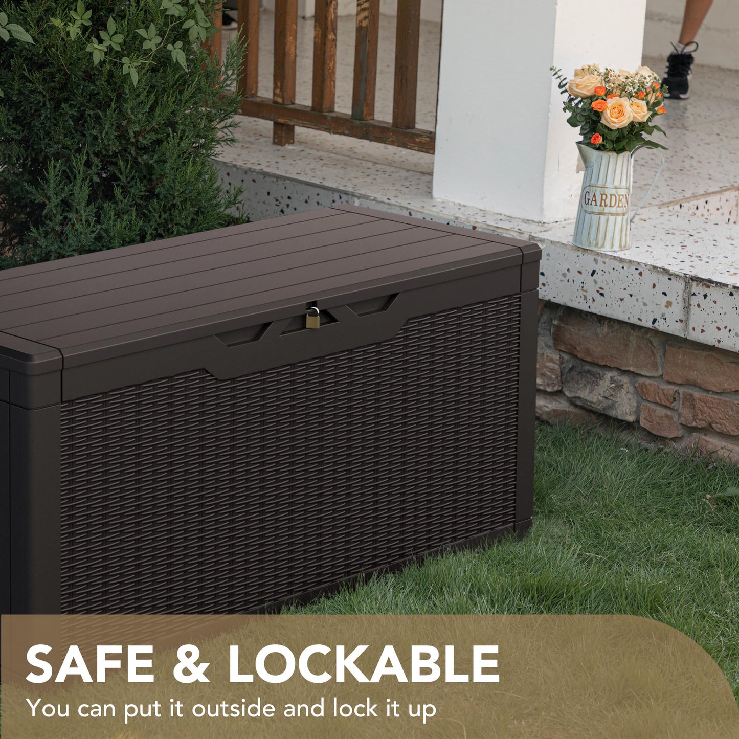 Devoko 100 Gallon Waterproof Large Resin Deck Box Indoor Outdoor Lockable Storage Container for Patio Furniture Cushions Garden Tools (100 Gallon, Black)