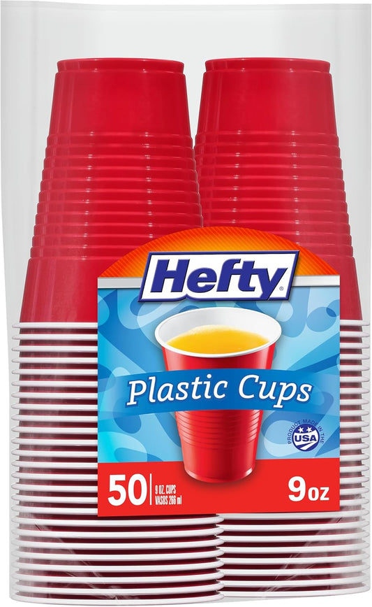 Hefty Party On Red Plastic Cups, Disposable Plastic Party Cups for Easy Cleanup and Large Gatherings, Red Cups for BBQs, Birthdays, Parties, and More, 18 Ounce, 50 Count