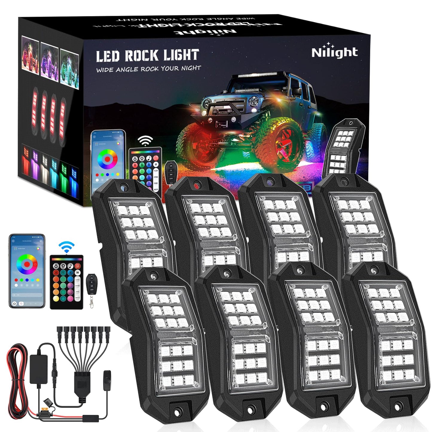 Nilight RGB LED Rock Lights Kit, 4 pods Underglow Multicolor Neon Light Pod with Bluetooth App Control Flashing Music Mode Wheel Well Light for Truck ATV UTV RZR SUV