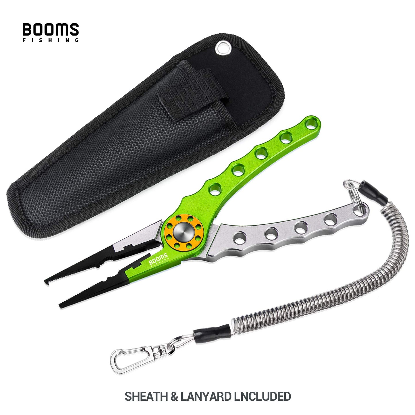 Booms Fishing X1 Aluminum Fishing Pliers Saltwater, Surf Fishing Tackle Kit, Fishing Multitool Hook Remover Braided Fishing Line Cutting and Split Ring with Coiled Lanyard and Sheath