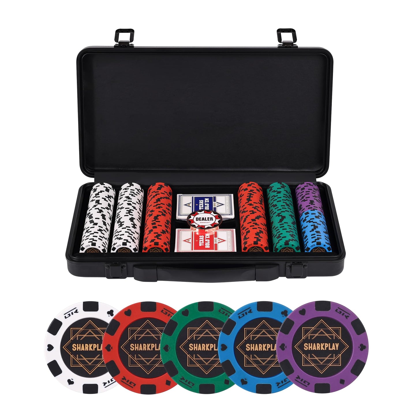 sharkplay 14g Clay Poker Chips Set for Texas Hold'em, 300 PCS Casino Blank Chips with High-end Carrying Case & Dealer Button