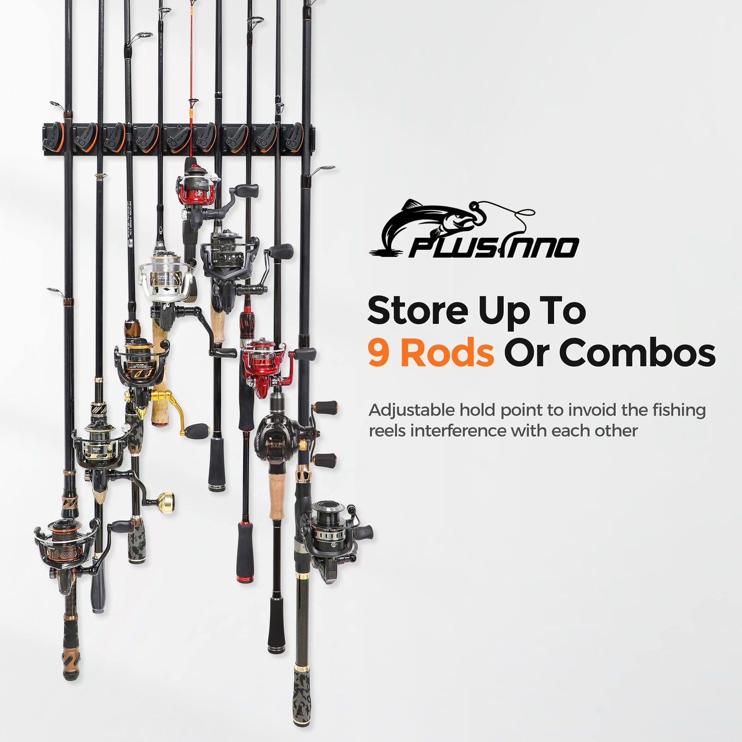 PLUSINNO Vertical Fishing Rod Holder, Wall Mounted Fishing Rod Rack, Fishing Pole Holder Holds Up to 9 Rods or Combos, Fishing Rod Holders for Garage, Fits Most Rods of Diameter 3-19mm