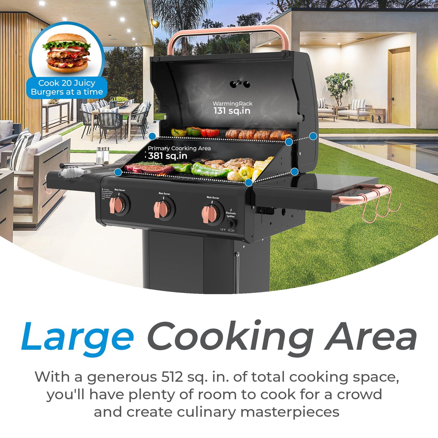 Kenmore 3-Burner Propane BBQ Grill, 30,000 BTUs Gas Grill with Cast Iron Cooking Grates, Folding Side Tables & Wheels, Outdoor Grill with Tool Hooks, Azure Blue