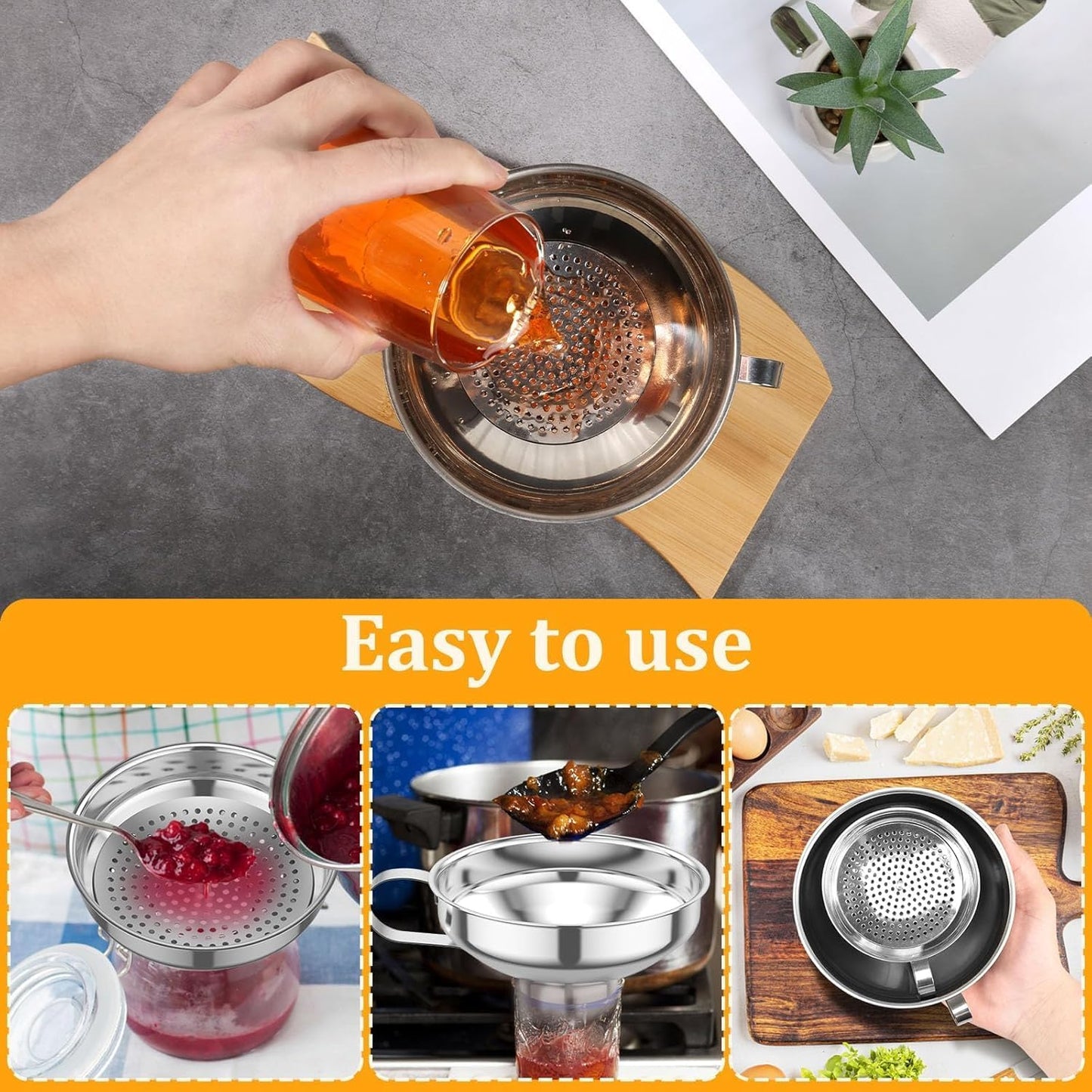 Canning Funnel with Strainer for Wide and Regular Mason Jars - Wide-Mouth Funnels for Kitchen Use - Canning Supplies Kit - Stainless Steel - 3 Pack (Small and Large)