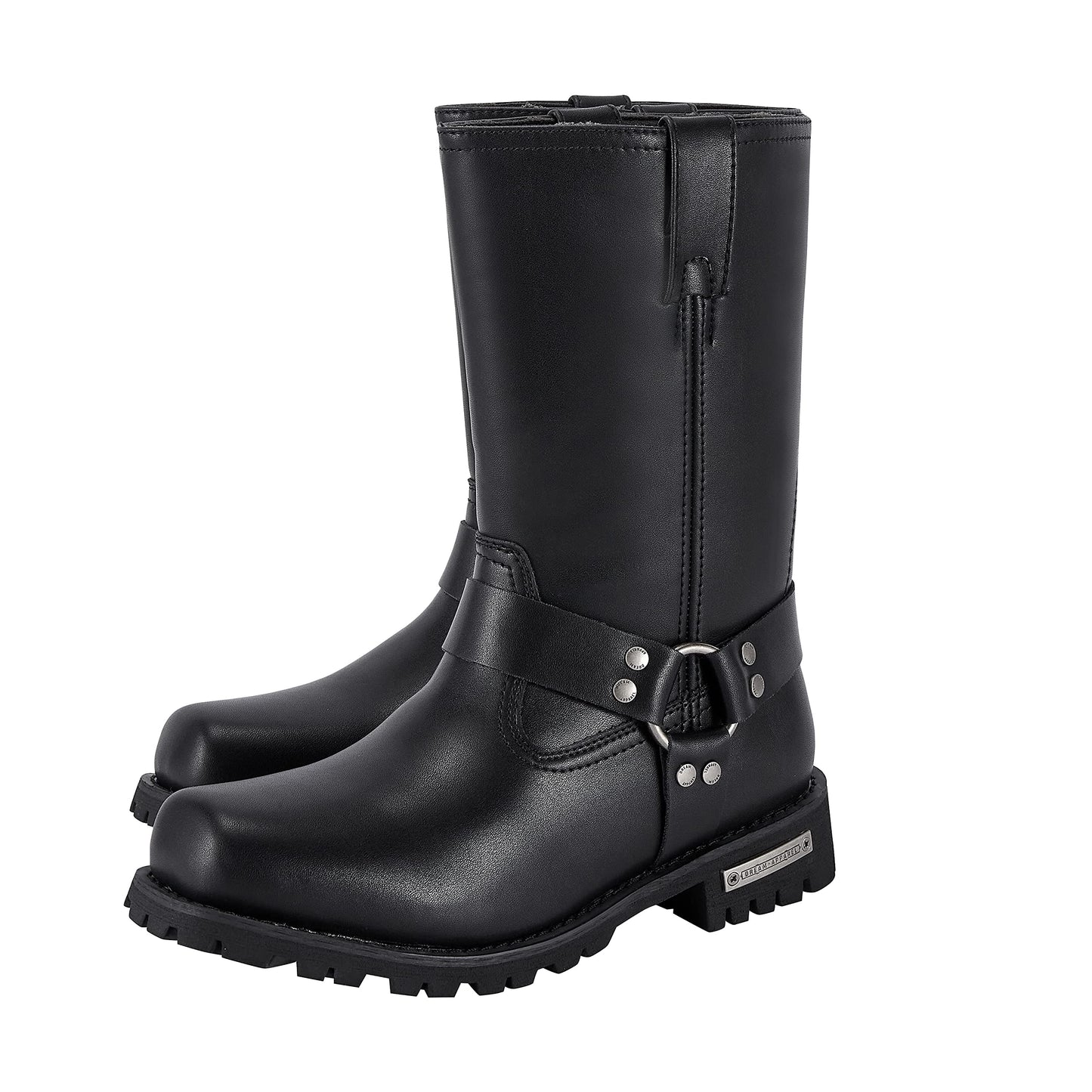 GARGOYLE BELLS Mens Harness Straps Motorcycle Leather Boots Black Waterproof Biker Boots For Men- Low Heel Riding Boots