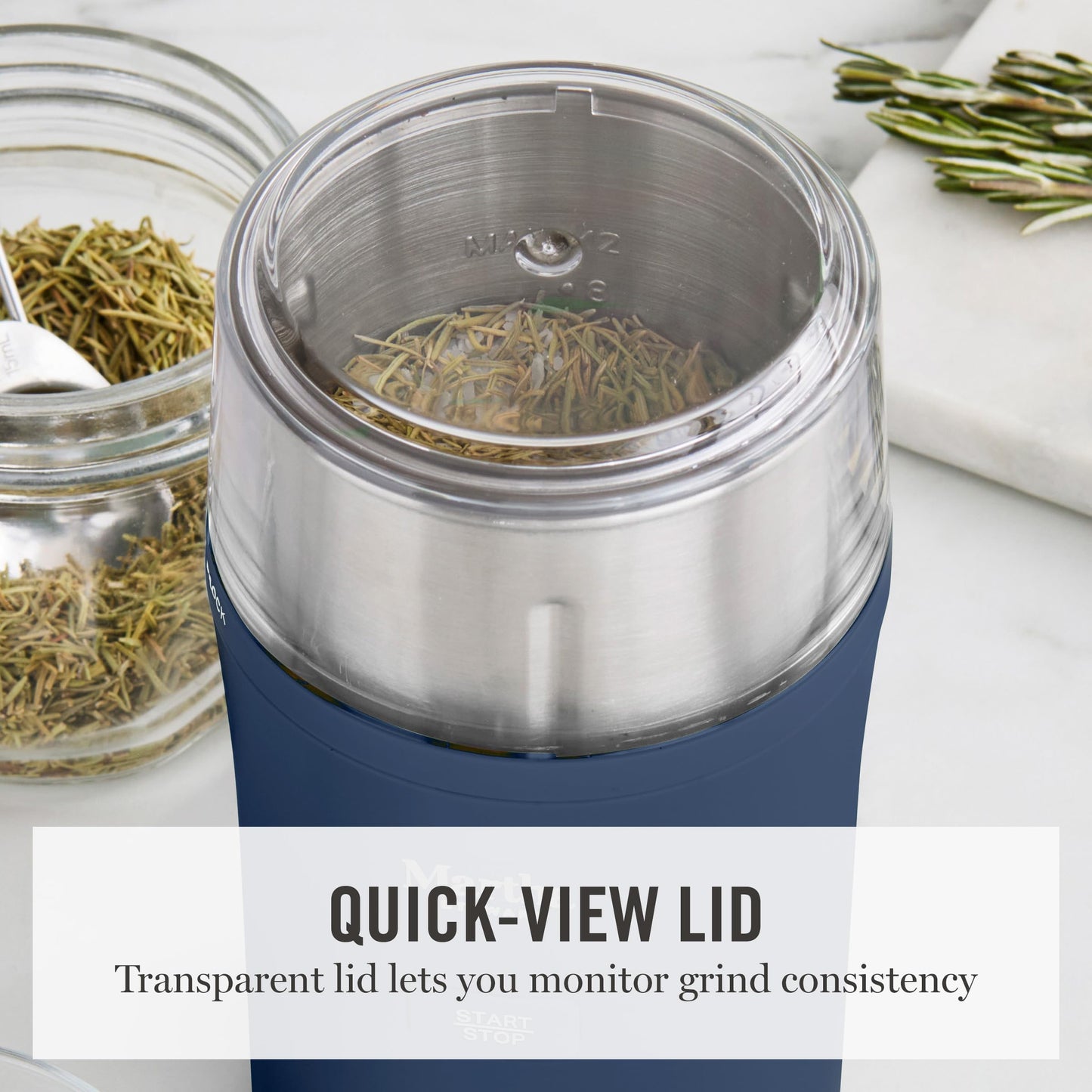 Martha Stewart Electric Coffee & Spice Grinder, Dual 2.5oz Removable Bowls, Storage Lids, Stainless Steel Blades, One Touch Pulse Control, 2-in-1 Compact, Beans & Spices, Herbs & Nuts, Sky Blue