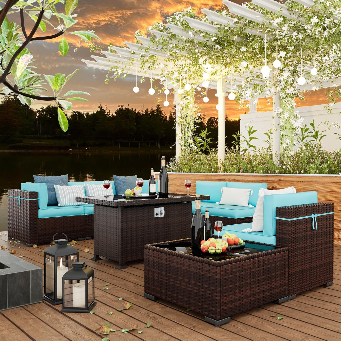 Amopatio Patio Furniture Sets, 7 Pieces Outdoor Rattan Sectional Sofa Set with Glass Table and Cushions, Wicker Patio Conversation Set for Outdoor Indoor Backyard Lawn Garden Porch (Grey)