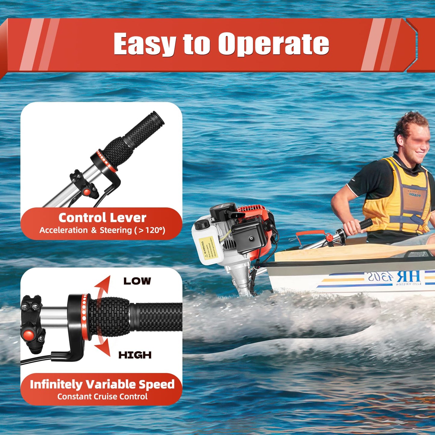 LyeXD 2.3HP 2-stroke Gasoline Outboard Motor,52CC Heavy Duty Fishing Boat Engine w/Water Cooling CDI System Long Shaft, Outboard Motor Boat Engine for Inflatable Boats,iron Boats