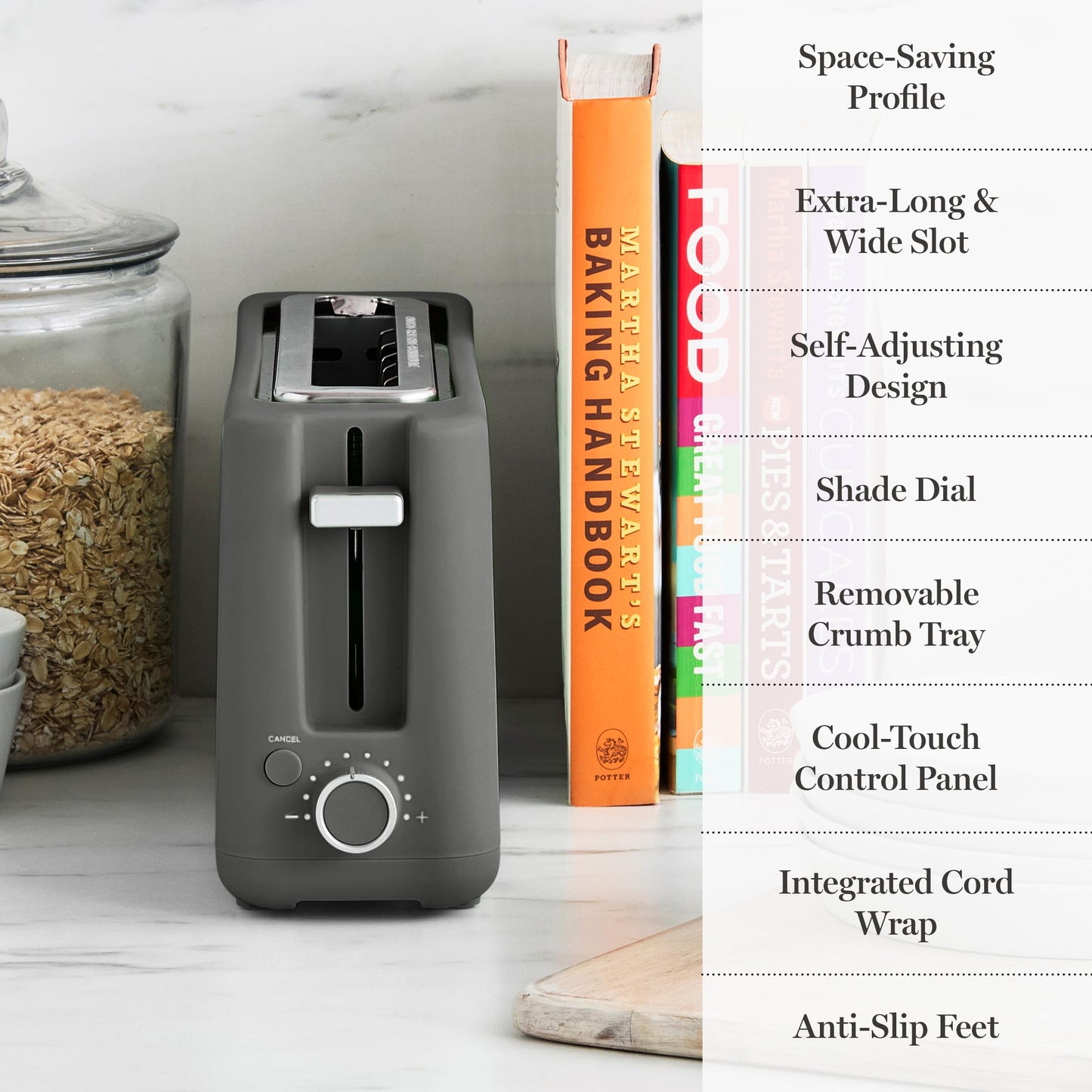 Martha Stewart 2 Slice Long Slot Toaster, Extra Wide for Sourdough & Bagels, 10 Setting Shade Control, Removable Crumb Tray, Self-Centering Design, Defrost/Reheat, Cancel, Slim Space-Saving, Honeydew