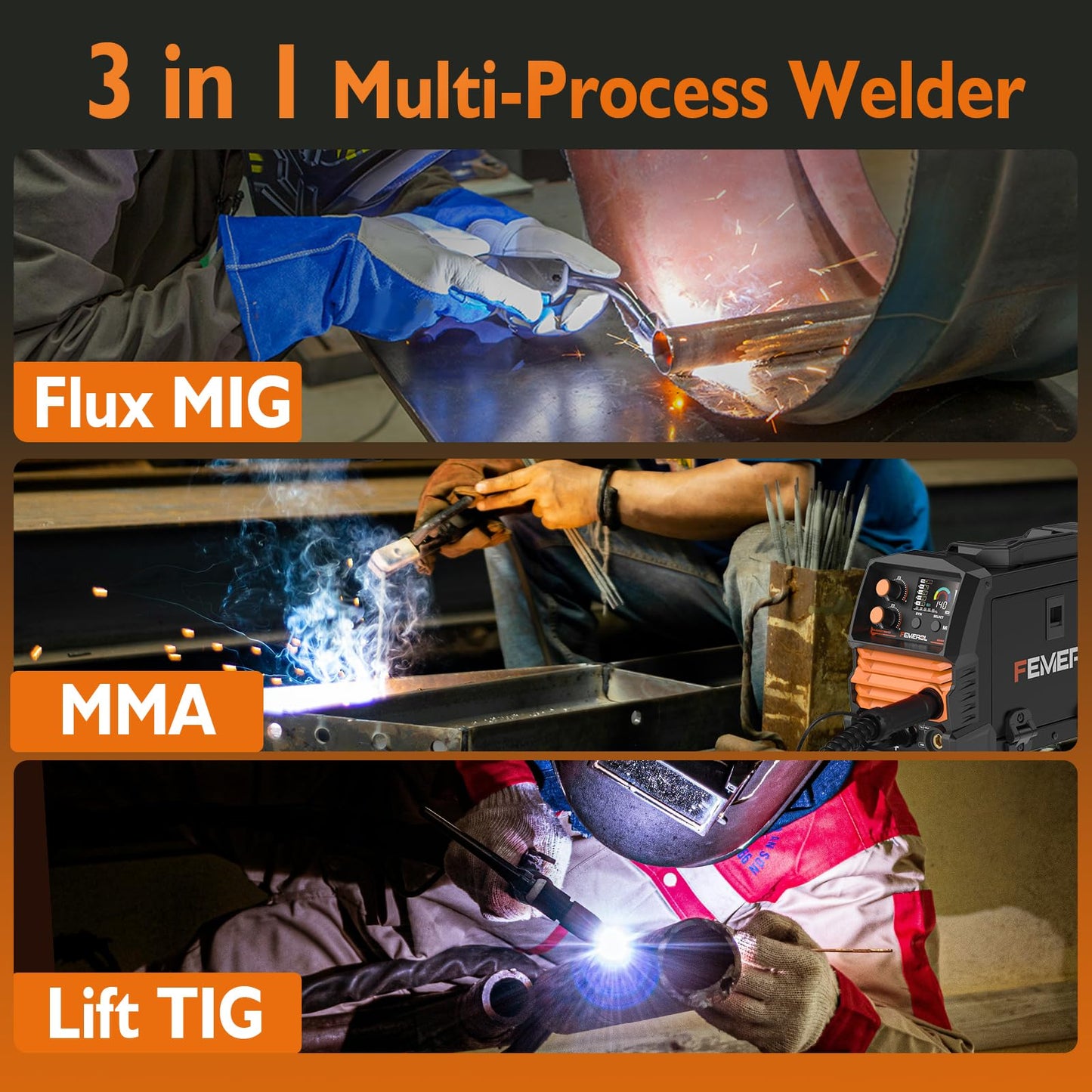 140A 3 in 1 MIG Welder,Flux Core, MIG/Lift TIG/Stick Welding Machine 110V Portable IGBT Inverter Synergic Control, LED Display with Welding Helmets