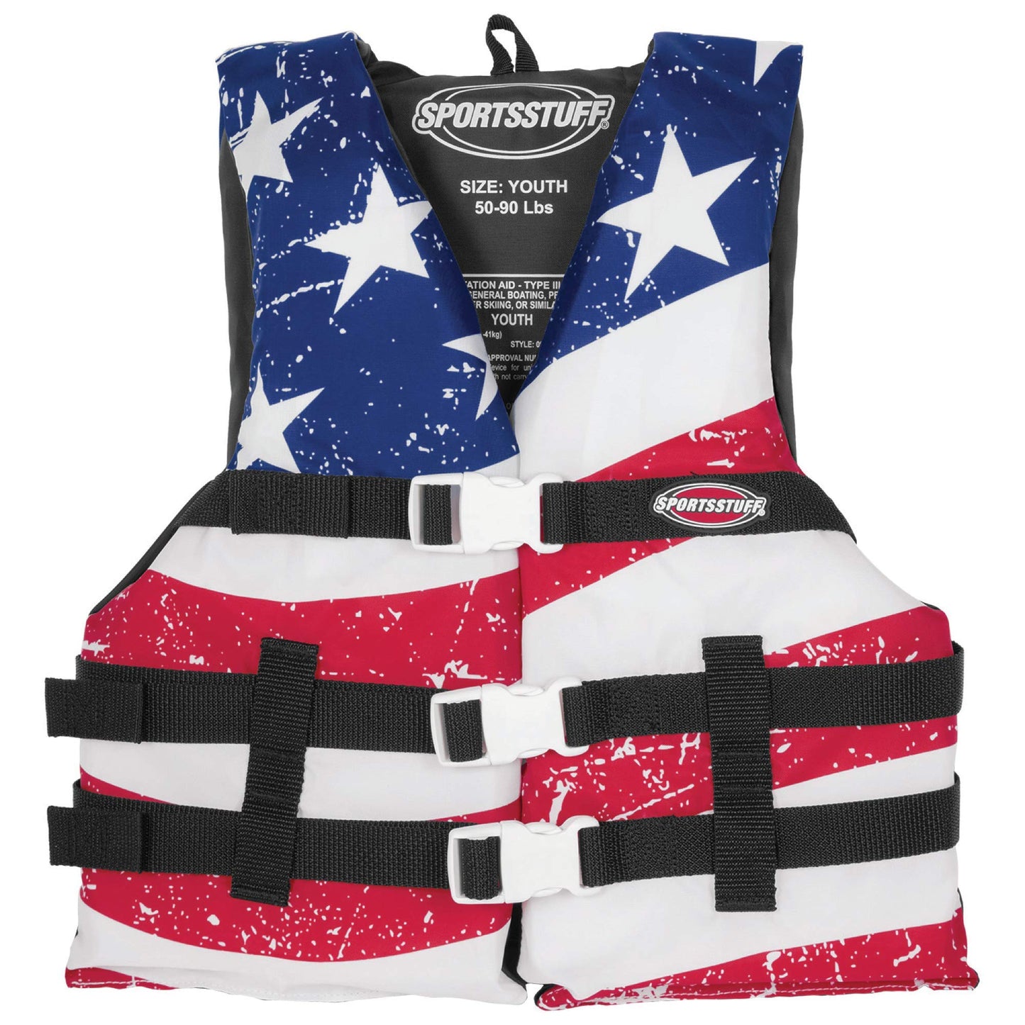 Sportstuff Type III Life Jacket US Coast Guard Approved Open Sides with 3 Body Belts & Buckles Quick Dry Fabric, Secure Fit, Comfortable Stars & Stripes