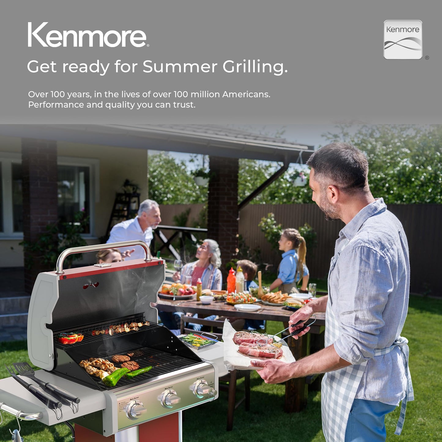 Kenmore 3-Burner Propane BBQ Grill, 30,000 BTUs Gas Grill with Cast Iron Cooking Grates, Folding Side Tables & Wheels, Outdoor Grill with Tool Hooks, Azure Blue