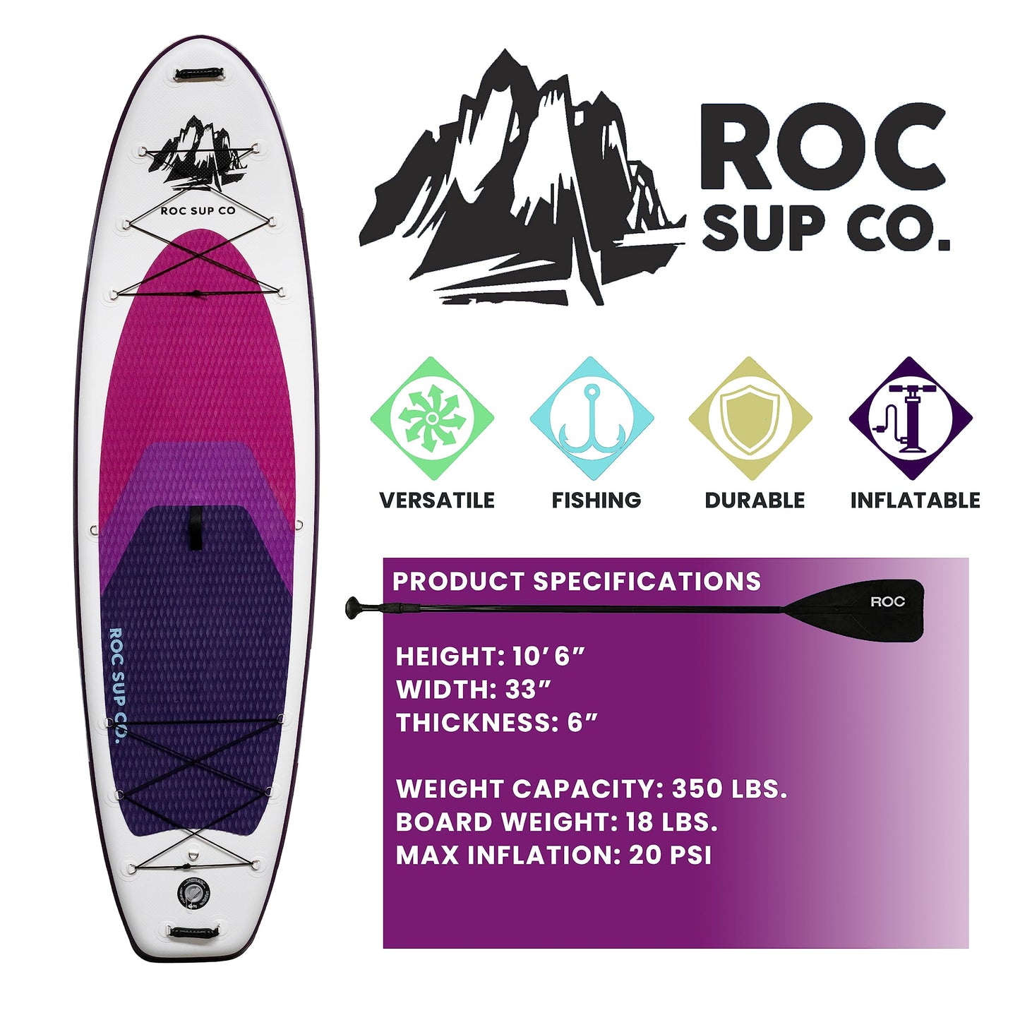 Roc Inflatable Stand Up Paddle Board 10' 6" with Premium SUP Paddle Board Accessories, Wide Stable Design, Non-Slip Comfort Deck for Youth & Adults (Violet W/Kayak Seat)