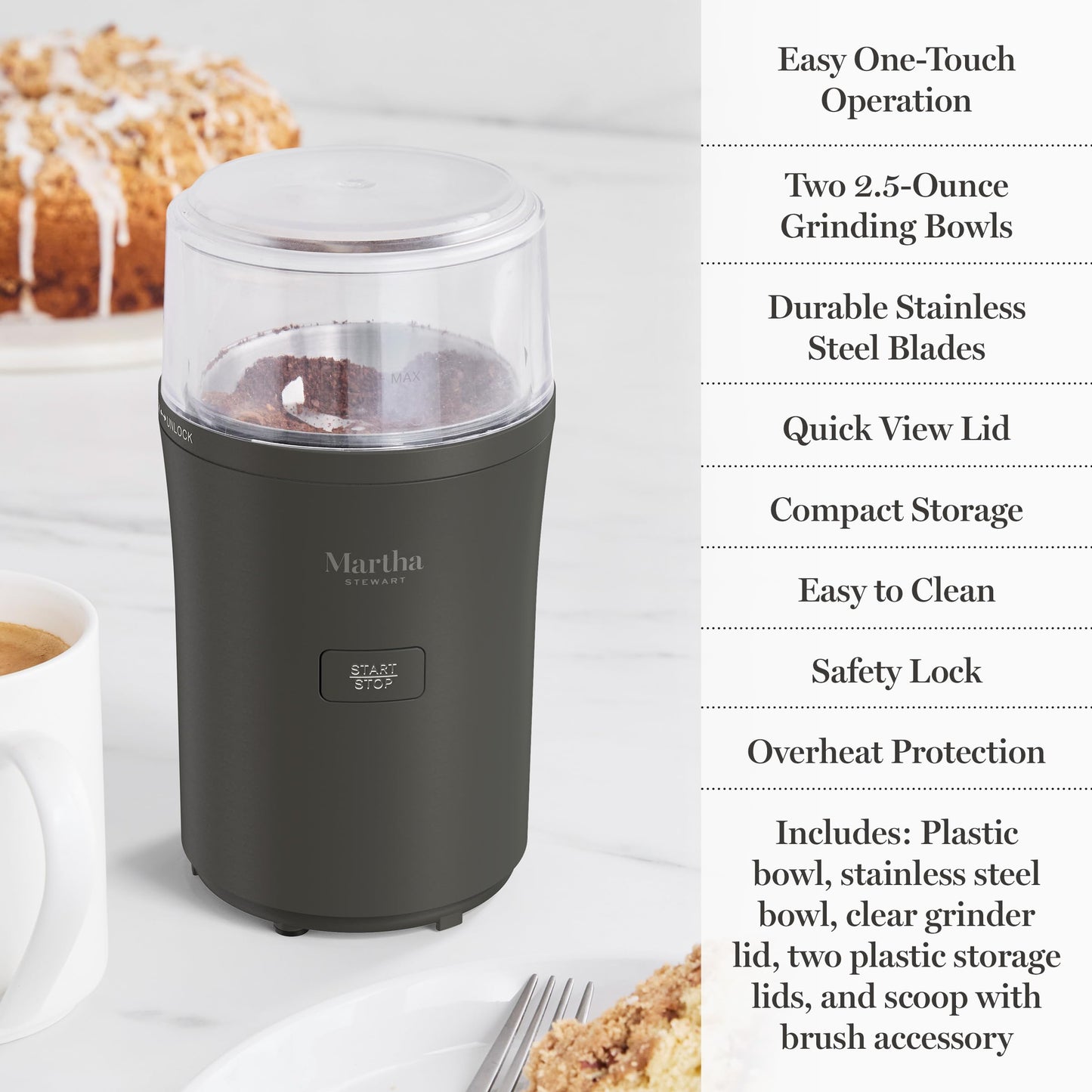 Martha Stewart Electric Coffee & Spice Grinder, Dual 2.5oz Removable Bowls, Storage Lids, Stainless Steel Blades, One Touch Pulse Control, 2-in-1 Compact, Beans & Spices, Herbs & Nuts, Sky Blue