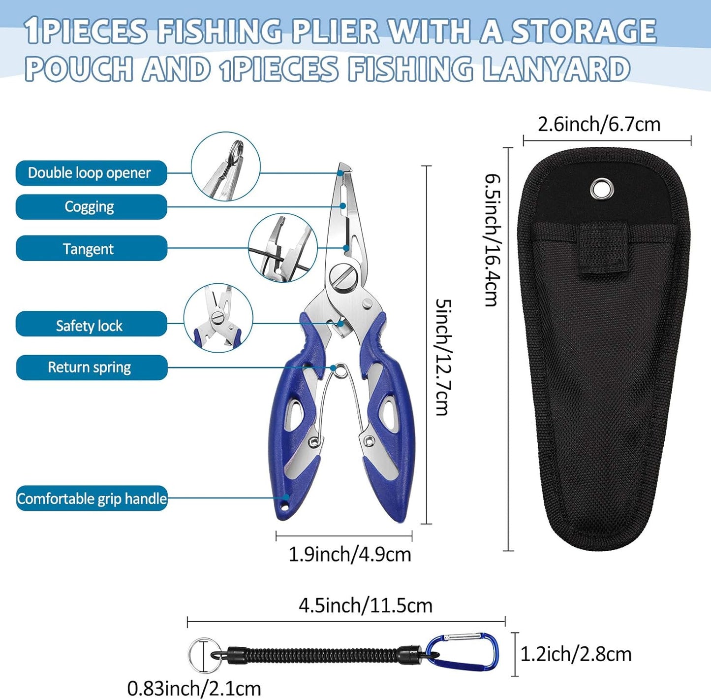 Skylety Fishing Tackle Tools 200 Pieces Split Fishing Rings with Plastic Box, 100 Pieces Treble Hooks Kit with Plastic Box, 1 Piece Lure Tackle Connector Fishing Plier and 1 Piece Fishing Lanyard