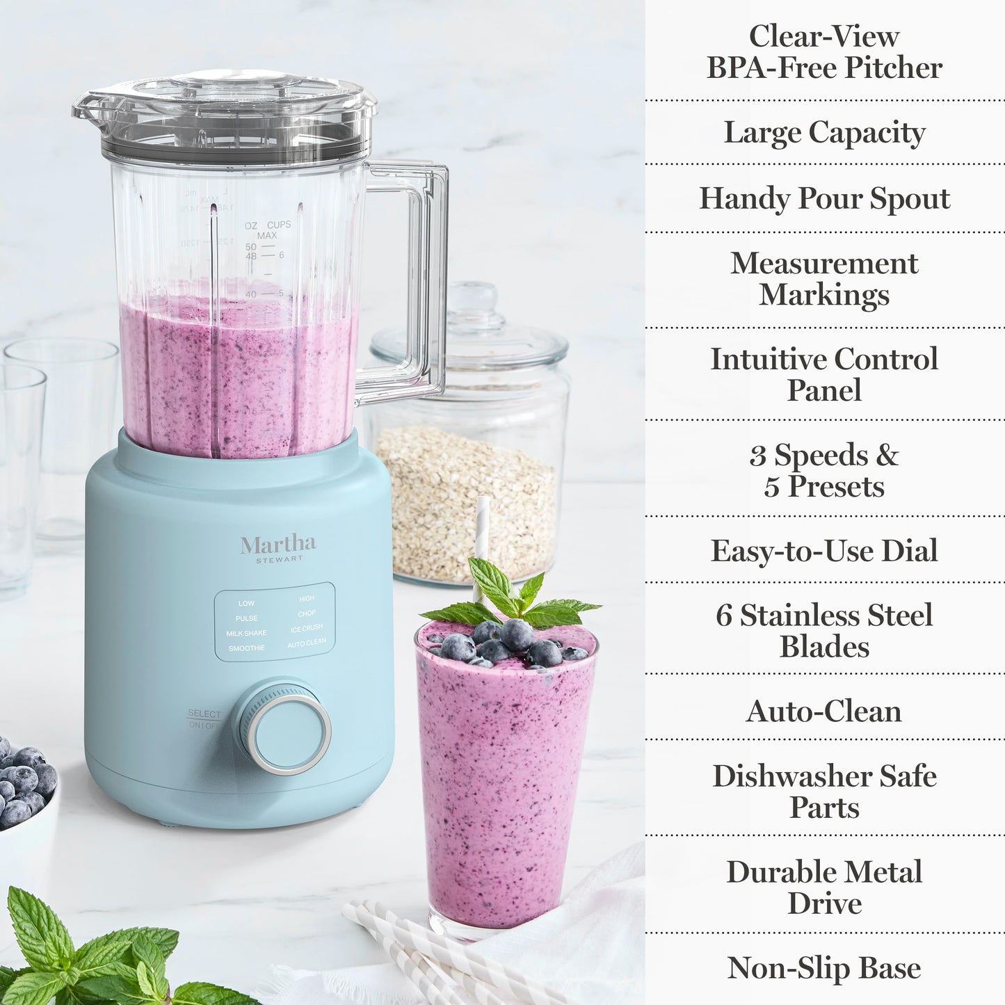 Martha Stewart 50oz Countertop Blender, Smoothie, Margarita & Ice Crushing Blender, BPA-Free Pitcher, 3 Speeds, 5 Presets, Auto-Clean Function, Dishwasher Safe, Stainless Steel Blades, Sky Blue