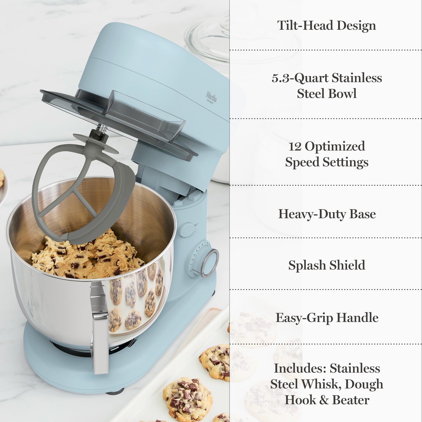 Martha Stewart Stand Mixer, 12 Speed, Tilt-Head, 5.3QT Stainless Steel Bowl, Splash Guard with Pour Chute, Whisk, Dough Hook, Flat Beater, Electric Kitchen Baking Mixer, Bread, Cake, Whip, Caviar Gray