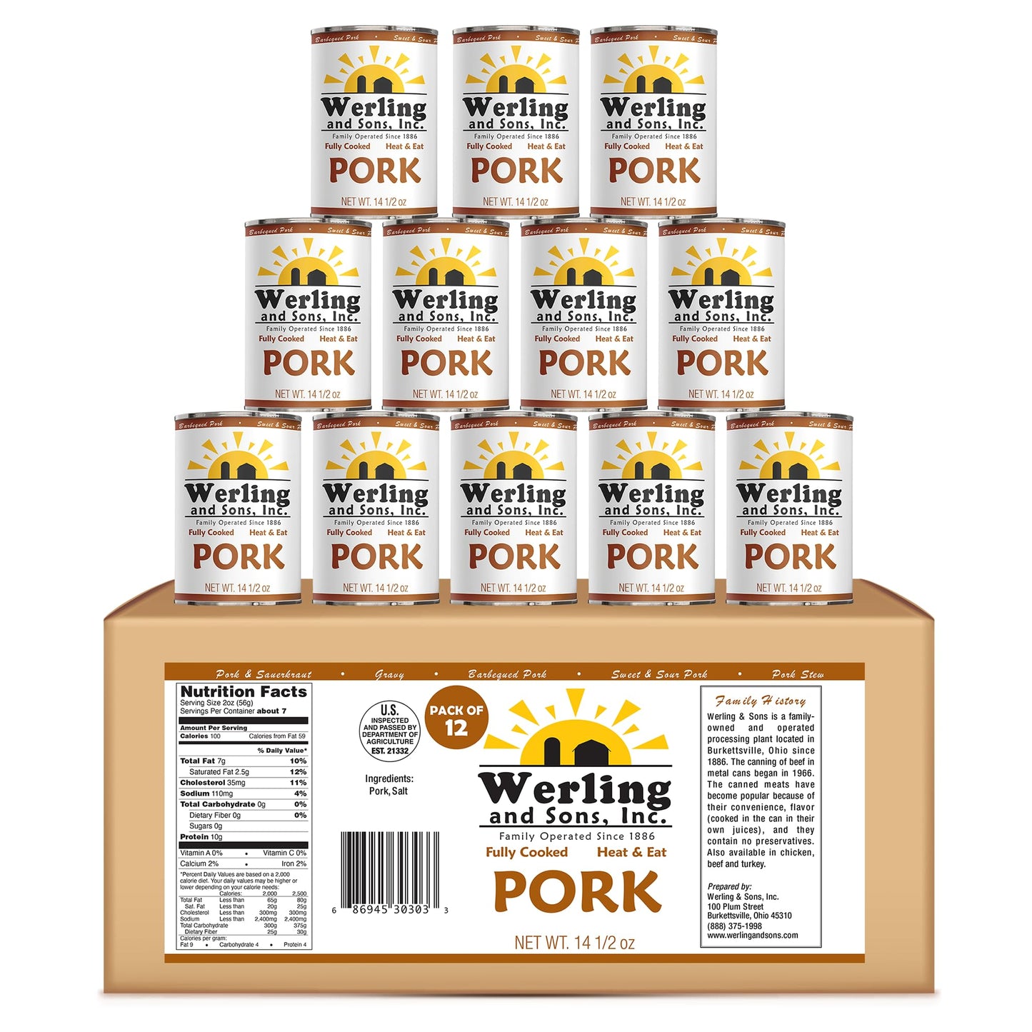 Werling & Sons Canned Pork 14.5 Oz Fully Cooked Ready to Eat Canned Meat Premium Quality Shelf Stable No Refrigeration Needed Perfect for Emergency Storage Camping Survival Canned Food Pack of 12