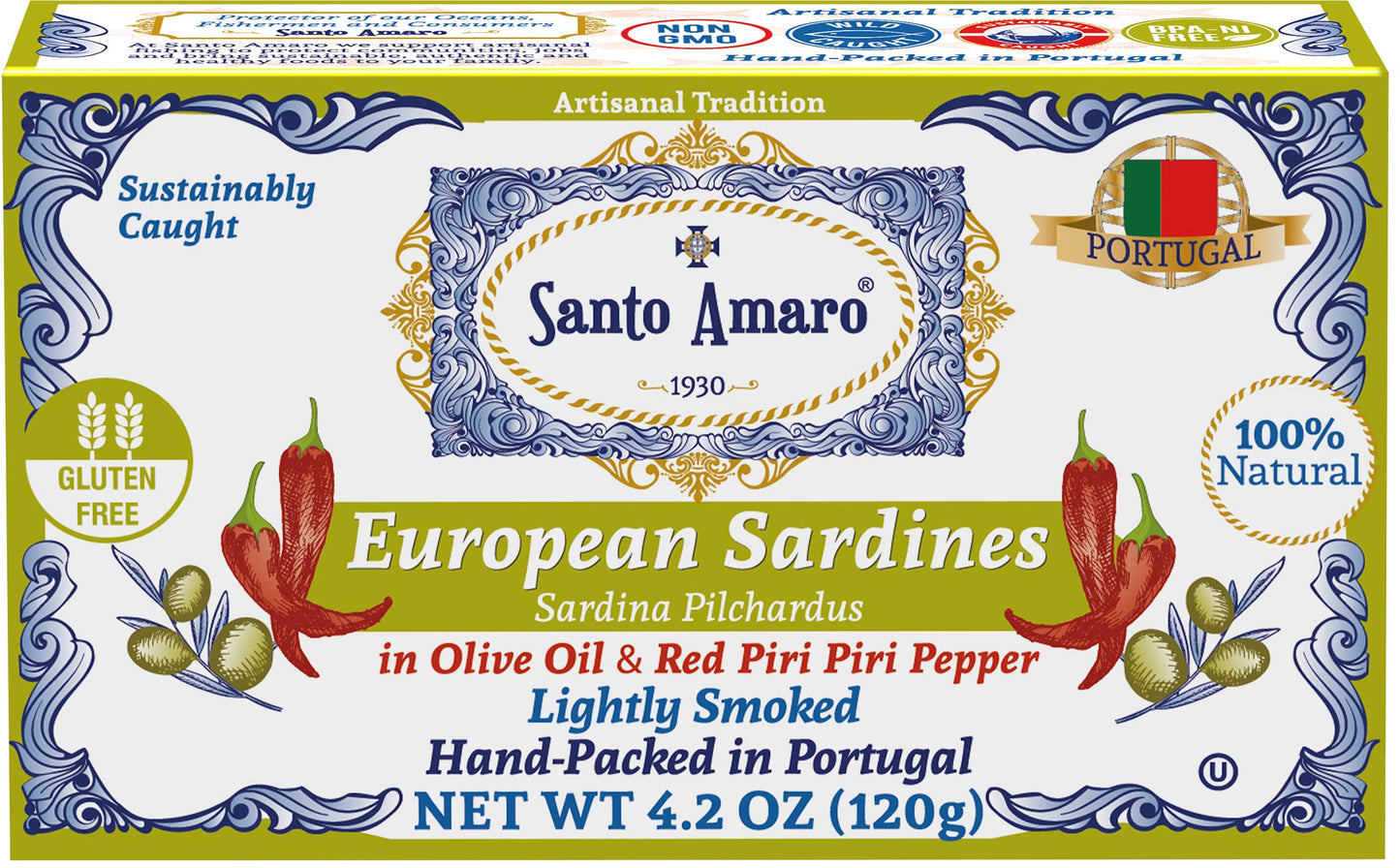 Santo Amaro - 6 Flavor Variety Pack Sampler European Wild Sardines - Virgin Olive Oil - Tomato Sauce from Puree - Virgin Olive Oil & Spicy Red Piri Piri Pepper - Spring Water - Virgin Olive Oil & Lisbon Lemon - Tomato Puree with Spicy Red Piri Piri Pepper