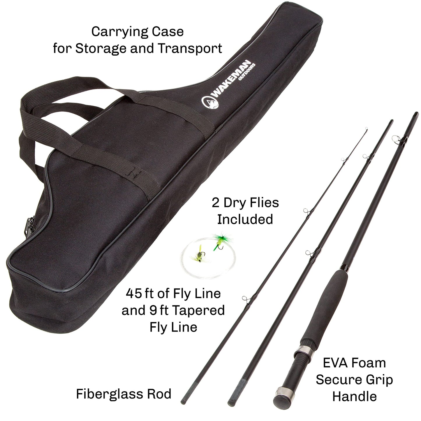 Fly Fishing Rod and Reel Combo - Including Carrying Case, Flies, and Fishing Line - Charter Series Gear and Accessories by Wakeman (Black)