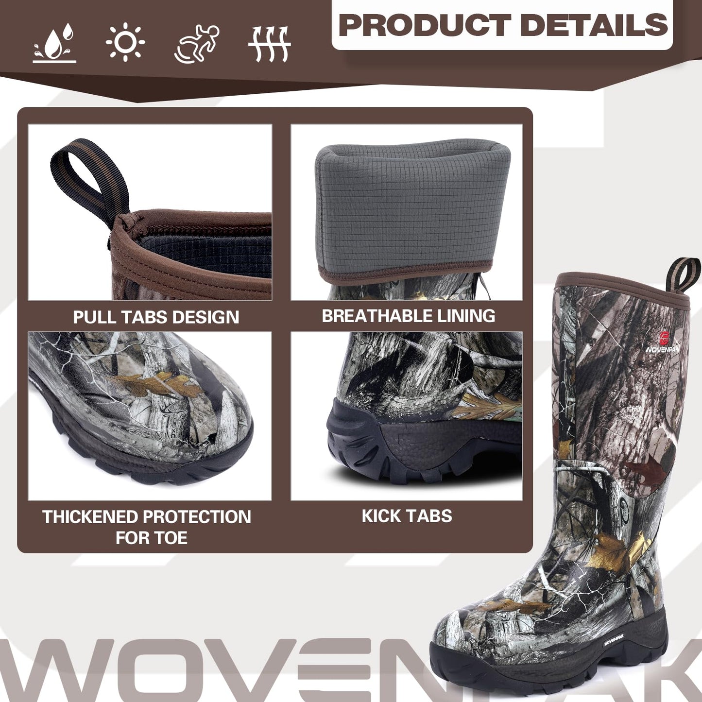 WOVENPAK Rubber Boots for Women, Waterproof Rain Boots Women with Steel Shank, Insulated Hunting Boots, Neoprene Garden Mud Boots All Season for Hunting, Gardening, Farming, Size 6-11