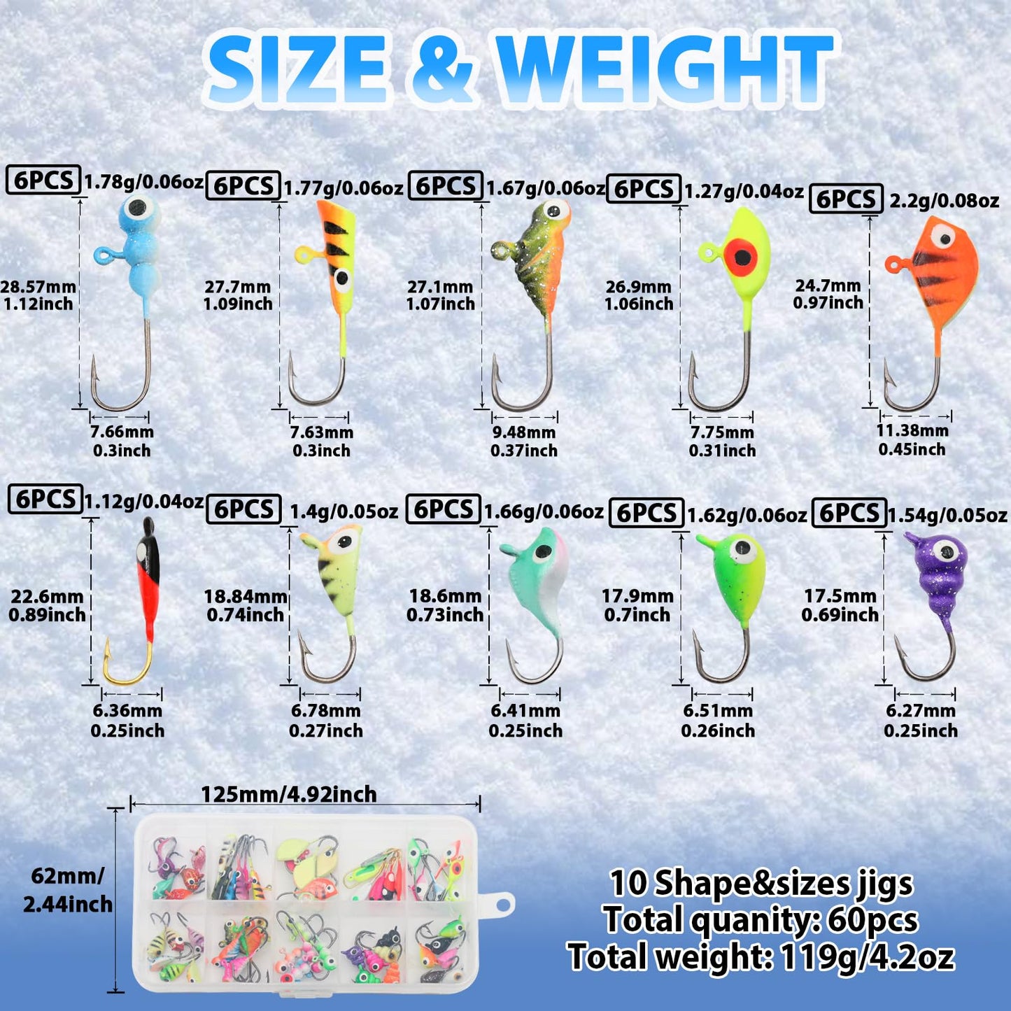 Ice Fishing Jigs Kit, 30/60Pcs Glow Ice Fishing Lure Set for Winter Ice Jigging Crappie Sunfish Perch Panfish Walleye Pike Jigs, Ice Fishing Gear with Storage Box