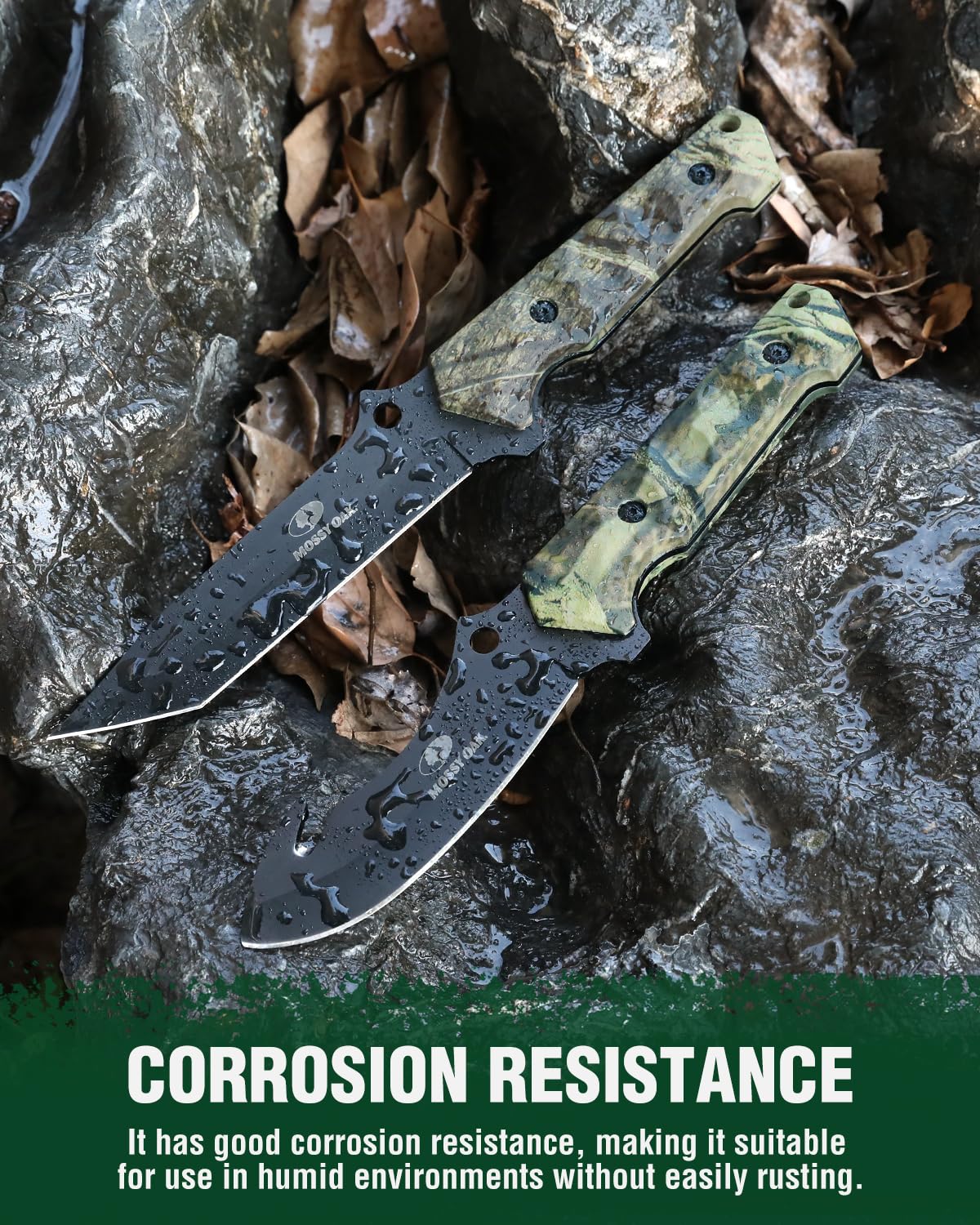 Mossy Oak Fixed Blade Hunting Knife Set - 2 Piece, Full Tang Handle Straight Edge and Gut Hook Blades Game Processing Knife, Sheath Included - Yellow Camo