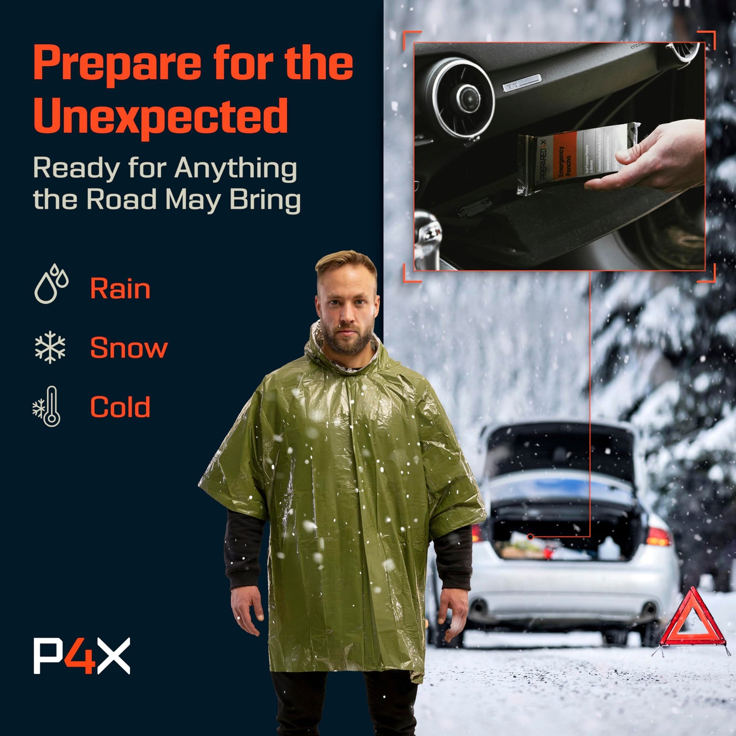 PREPARED4X Emergency Poncho with Mylar Blanket Liner – Heavy Duty, Waterproof, Wind-Resistant Green Rain Poncho for Outdoors, Camping, and Car Emergency Kits - Thermal Poncho - 4 Pack (Green)