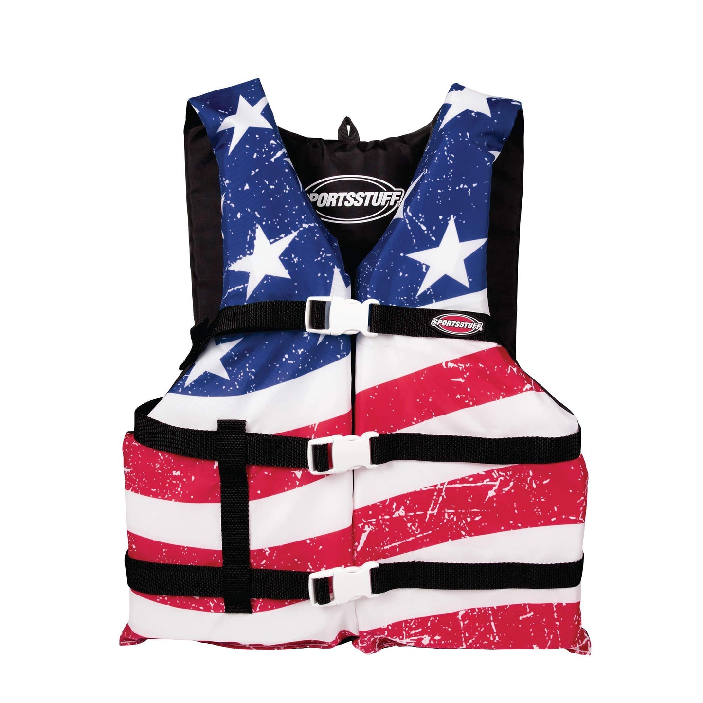 Sportstuff Type III Life Jacket US Coast Guard Approved Open Sides with 3 Body Belts & Buckles Quick Dry Fabric, Secure Fit, Comfortable Stars & Stripes